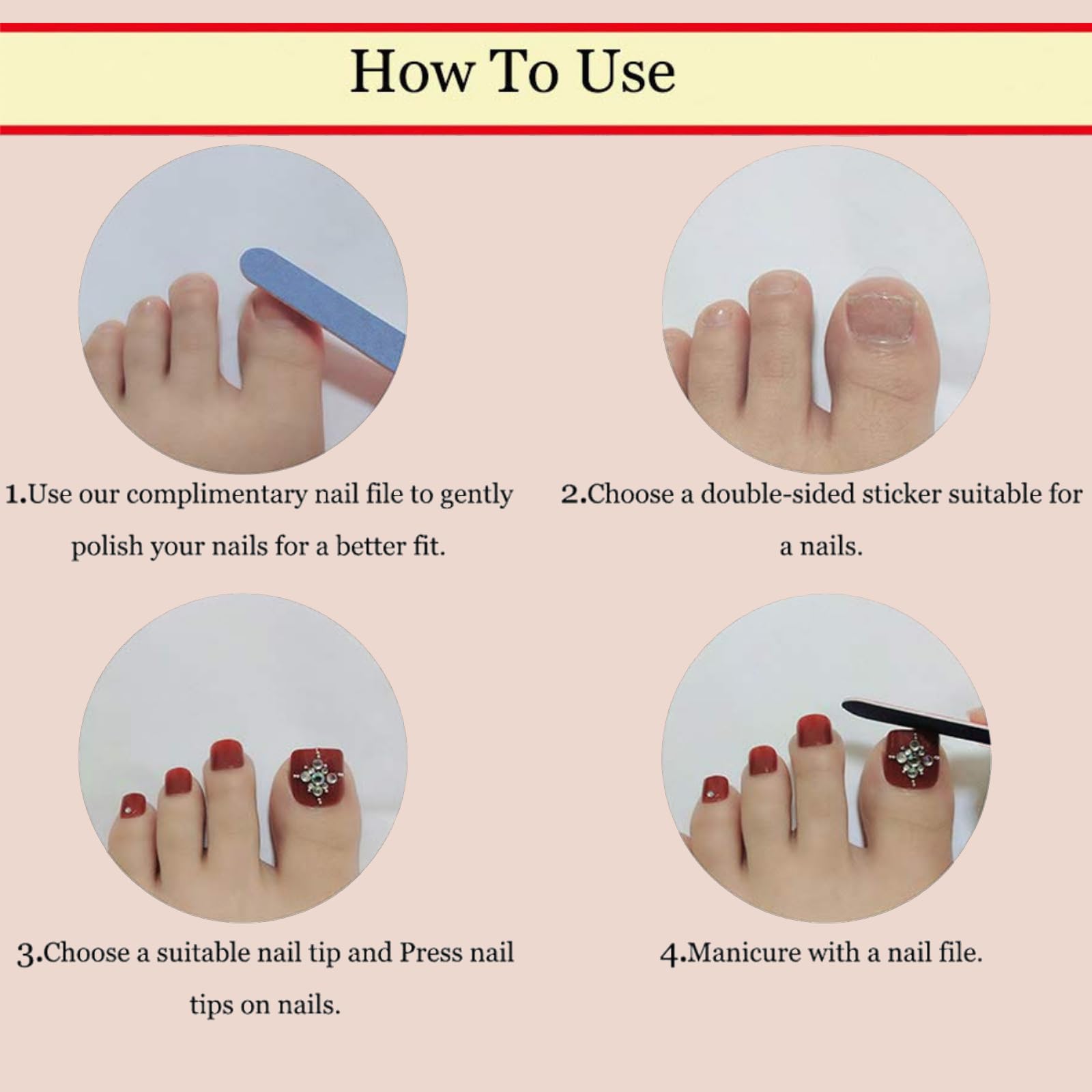 French Tip Press on Toenails - Full Cover Acrylic Fake Toenails with Rhinestone Designs | Glue on False Toenails for Women | Perfect for Pedicures, Summer Sandals & Special Occasions