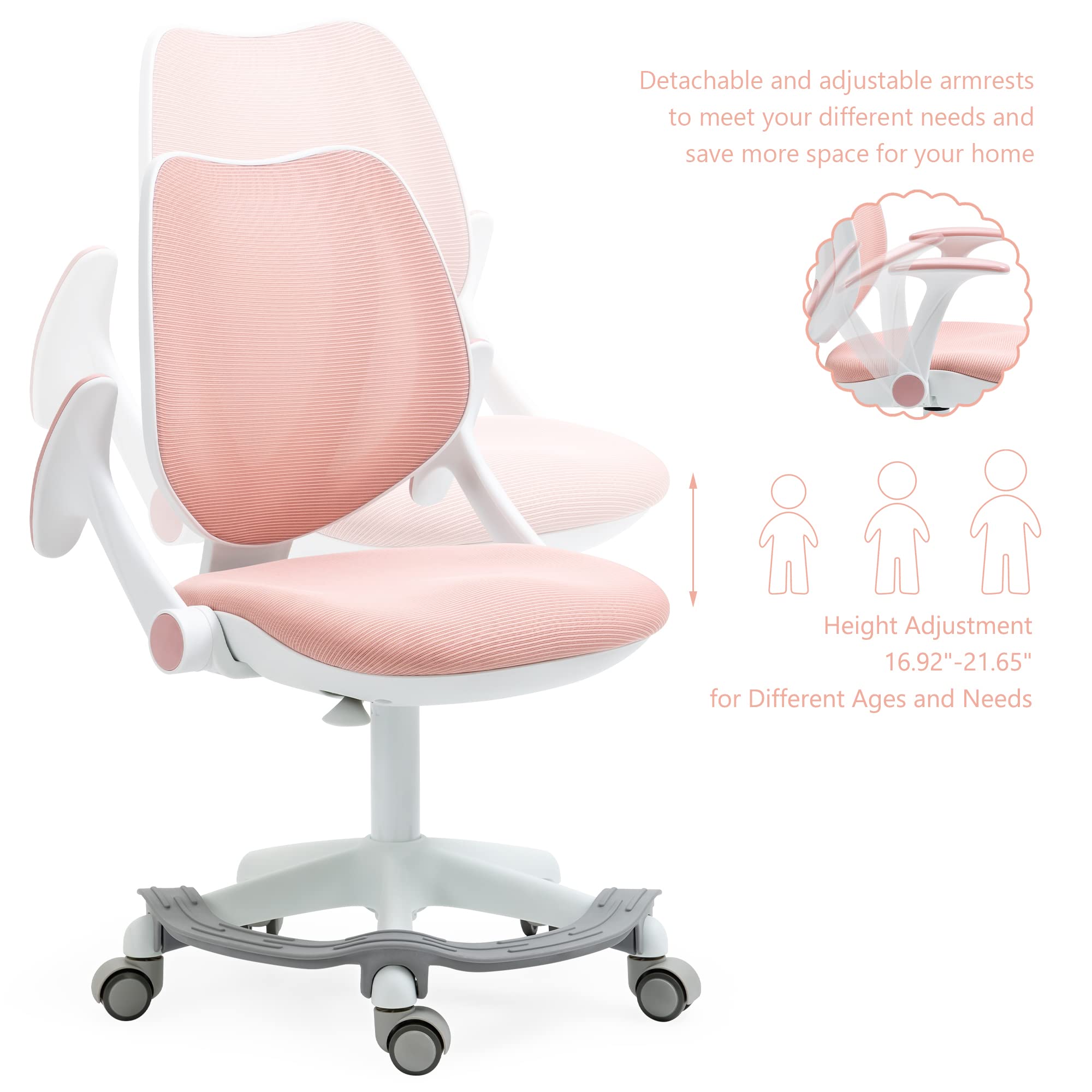 Adorable Adjustable Kids Desk Chair with Armrests & Footrest - Ergonomic Study Computer Office Swivel Chair for Boys Girls Teens - Perfect for Reading, Gaming & Online Learning (Pink)