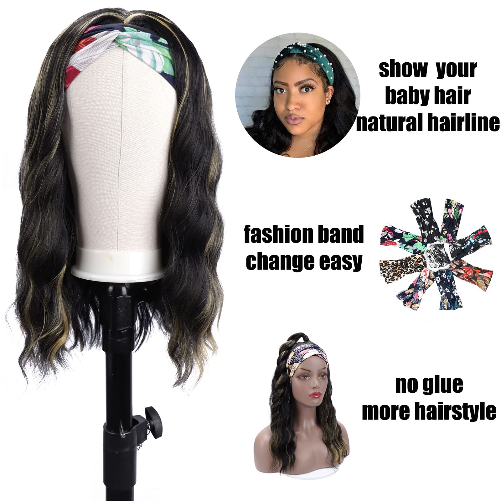 Colorful Queen Glueless Headband Wig - 16inch Synthetic Long Black Body Wave Wig for Black Women | Heat Resistant 180% Density (1B/H27#) | Natural Looking Wavy Hair for Daily Wear, Parties & Special Occasions