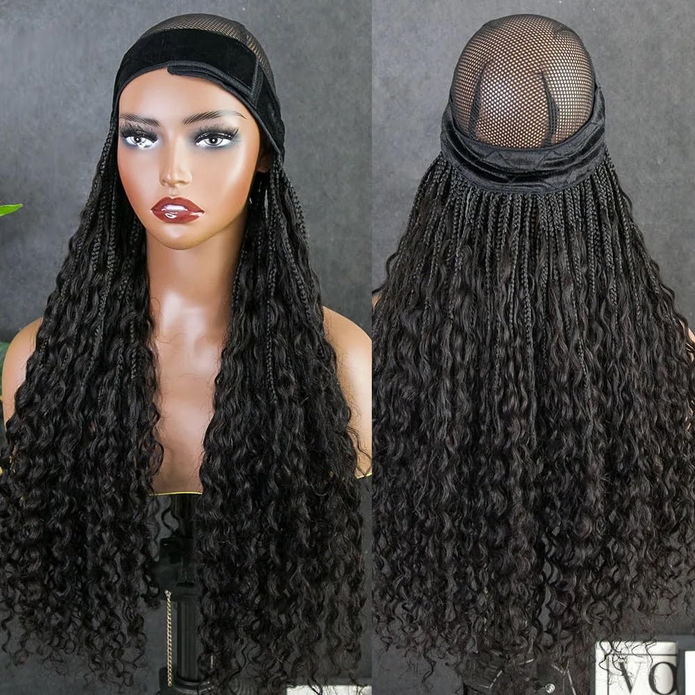 20 Inch Human Hair Box Braids Headband Wig for Black Women - Natural Color, Pre-Braided with Ears Out Design | Perfect for Protective Styling, Everyday Wear & Special Occasions