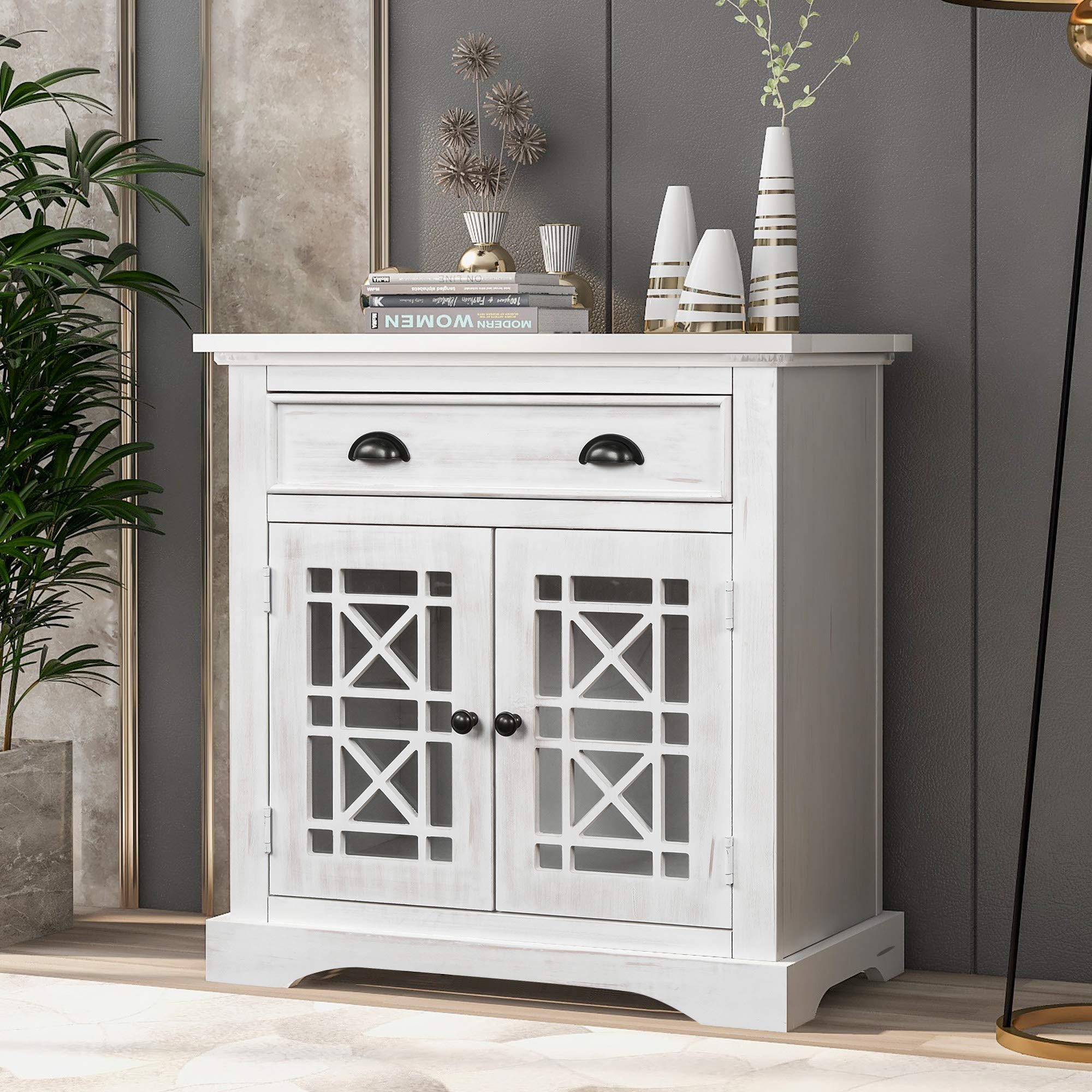 Vintage White Wood Storage Cabinet with Doors & Drawers - 29 Inch Retro Accent Furniture for Living Room, Bedroom, Entryway, Home Office & Bar Storage - Perfect for Organizing Books, Decor & Household Items