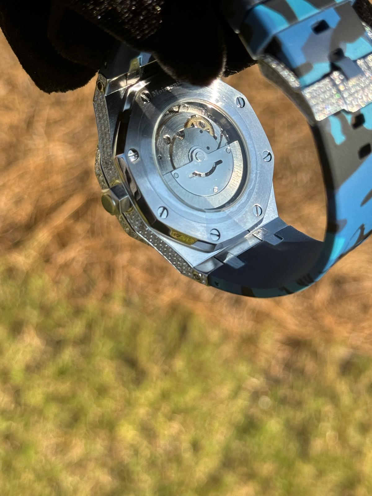 Moissanite Camouflage Blue Automatic Watch for Men - Luxury Designer Timepiece for Business, Casual & Outdoor Adventures