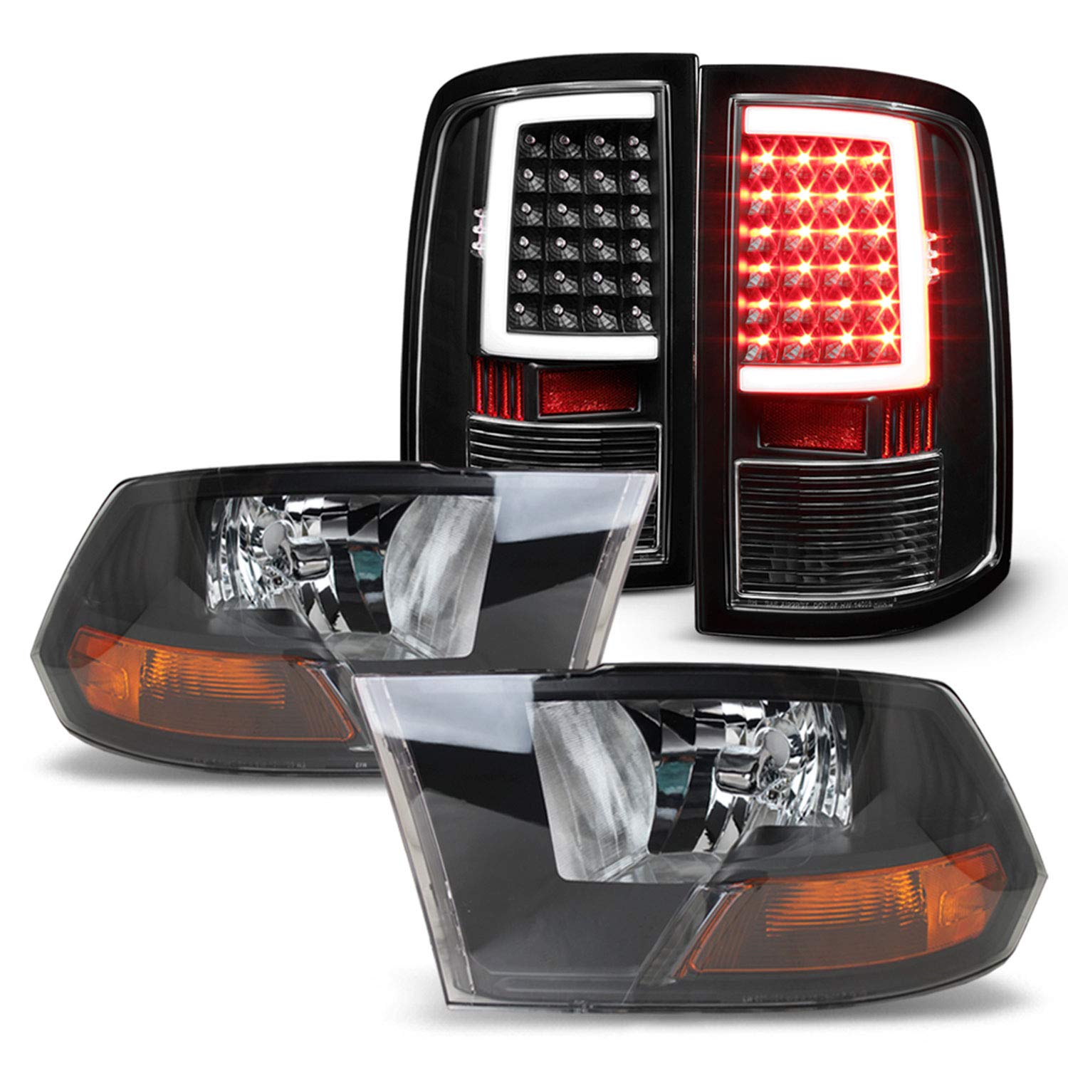 AKKON Black LED Headlights with C-Light Bar & Tail Brake Lights - Compatible with 2009-2018 Ram 1500, 2010-2018 Ram 2500/3500 (Pair Left+Right) - Upgrade Your Truck's Style & Night Visibility for Off-Roading, Daily Commute & Night Driving