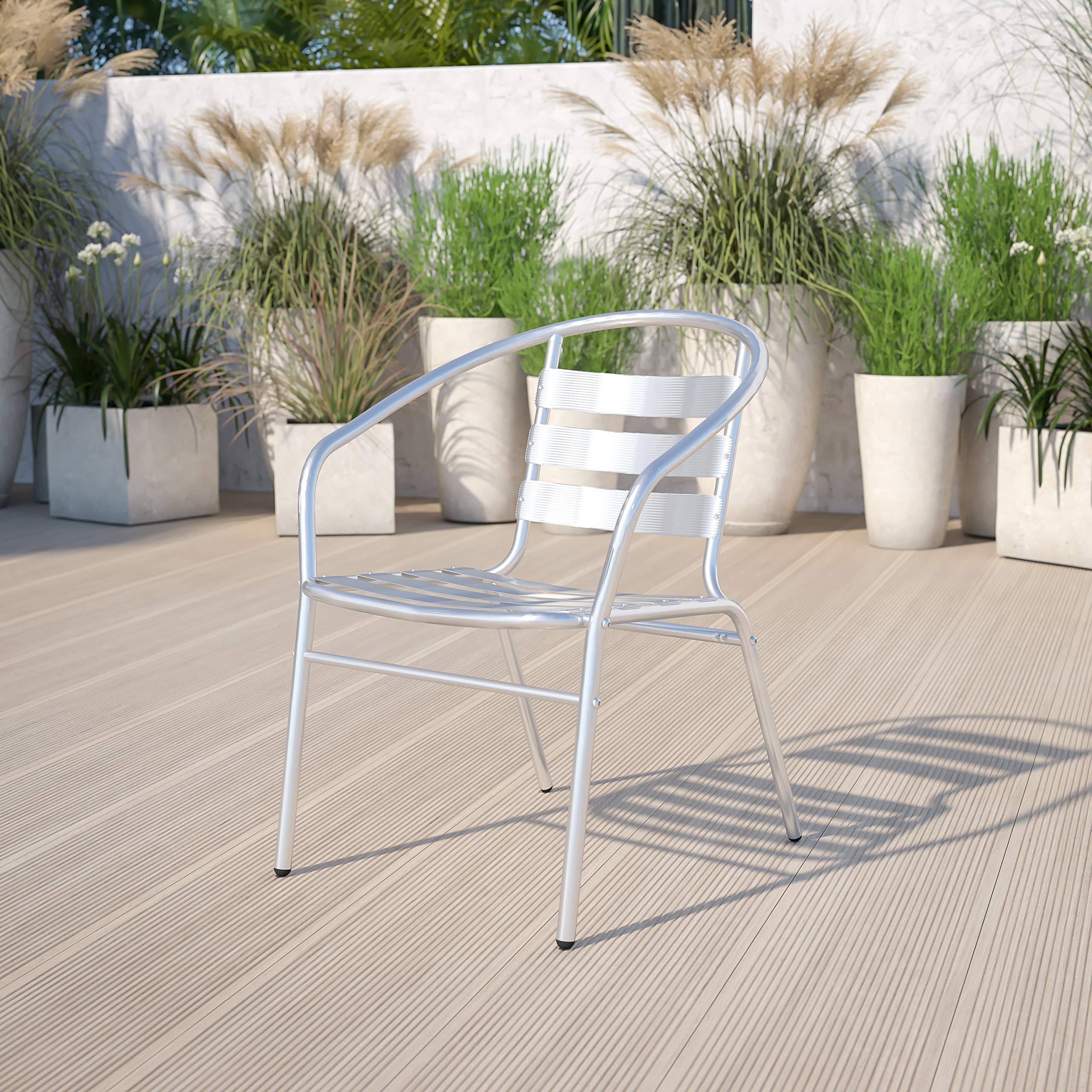 EMMA + OLIVER Aluminum Stackable Patio Chairs with Triple Slat Back & Arms - Indoor Outdoor Dining, Poolside, Garden & Restaurant Use