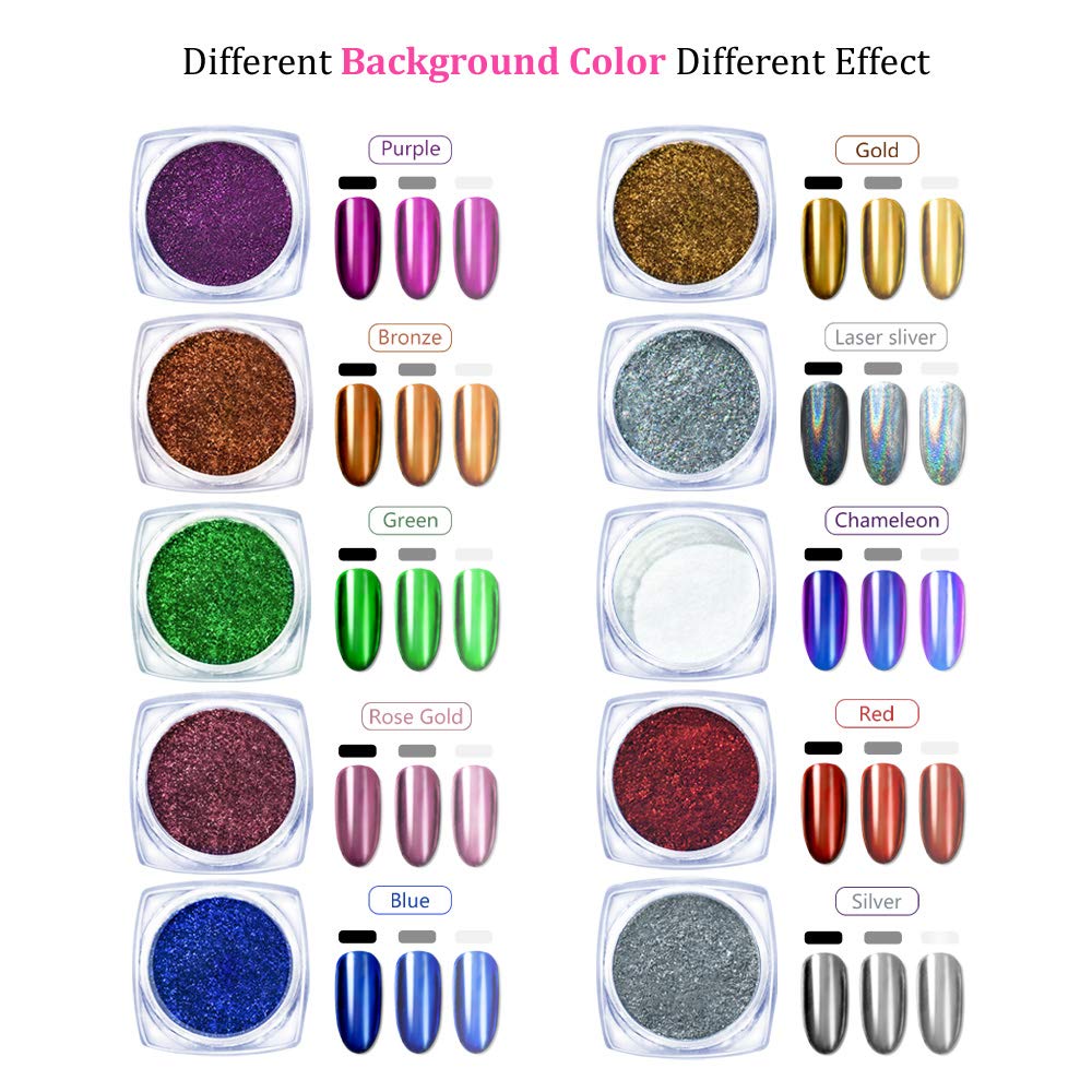 10 Jars Chrome Nail Powder Kit - Holographic & Chameleon Metallic Nail Pigments with Eyeshadow Applicators - Mirror Effect Glitter for Nail Art - Perfect for Salon, DIY Manicures & Party Nail Designs