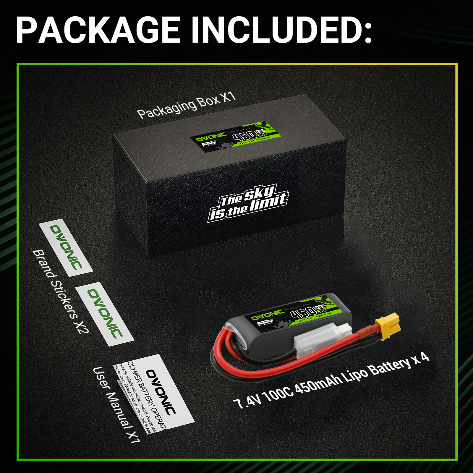 4×OVONIC 2S Lipo Battery 450mAh 7.4V 100C High Performance LiPo Battery with XT30 Plug for Tinywhoop & 2S Brushless Whoop Drones - Perfect for FPV Racing and Indoor Drone Flying