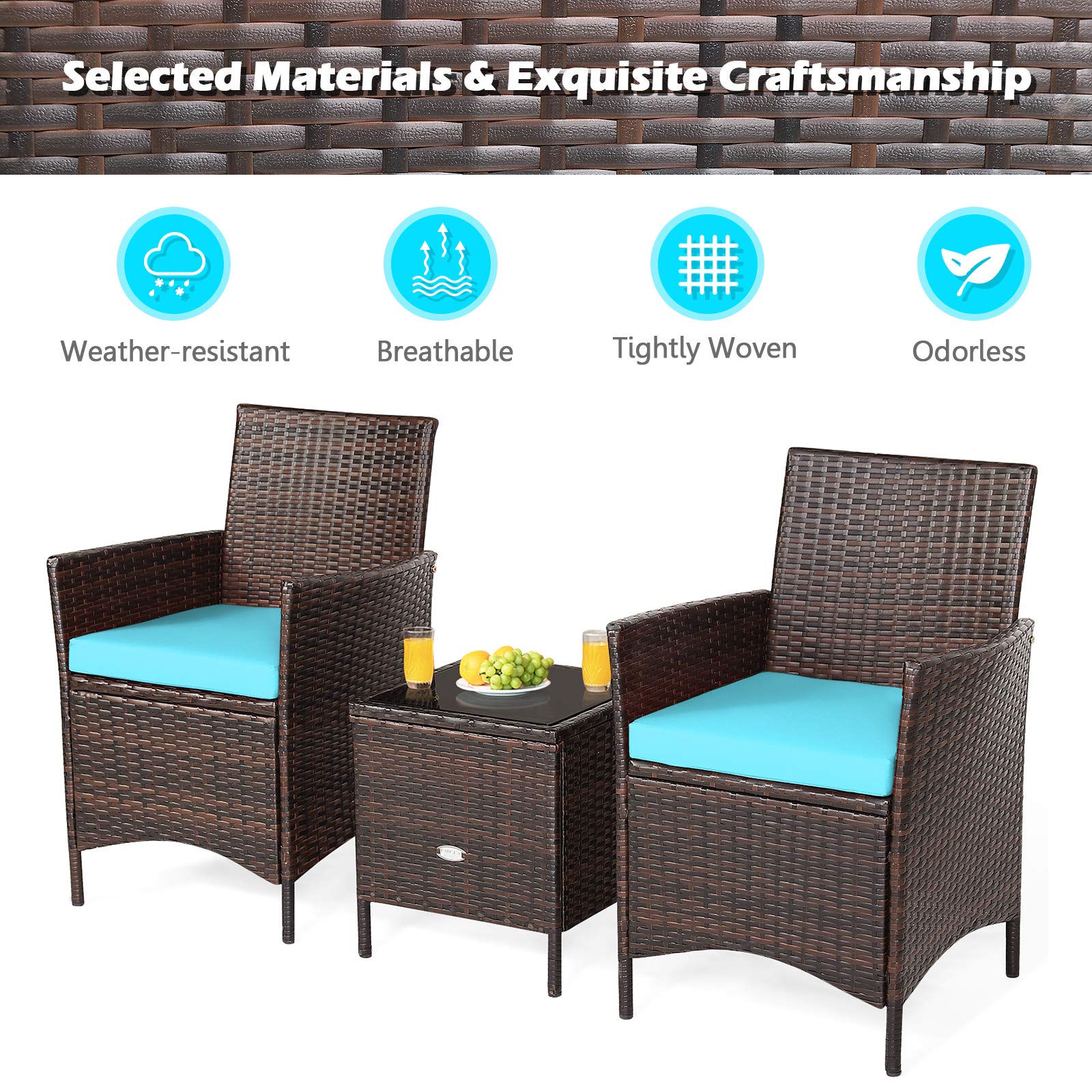 HappyGrill 3-Piece Patio Furniture Set - Rattan Wicker Bistro Set with Glass Coffee Table & Cushions, Outdoor Conversation Set for Garden, Lawn, Poolside, Backyard | Perfect for Relaxing, Entertaining & Outdoor Dining