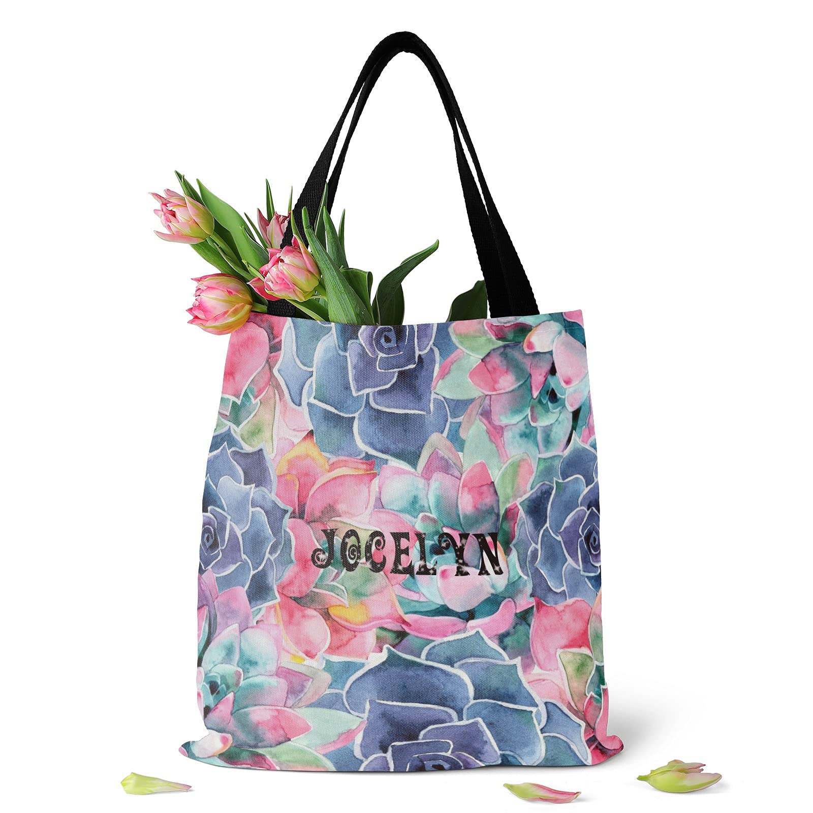 Personalized Name Tote Bag - Watercolor Succulent Canvas Bag for Shopping & Travel