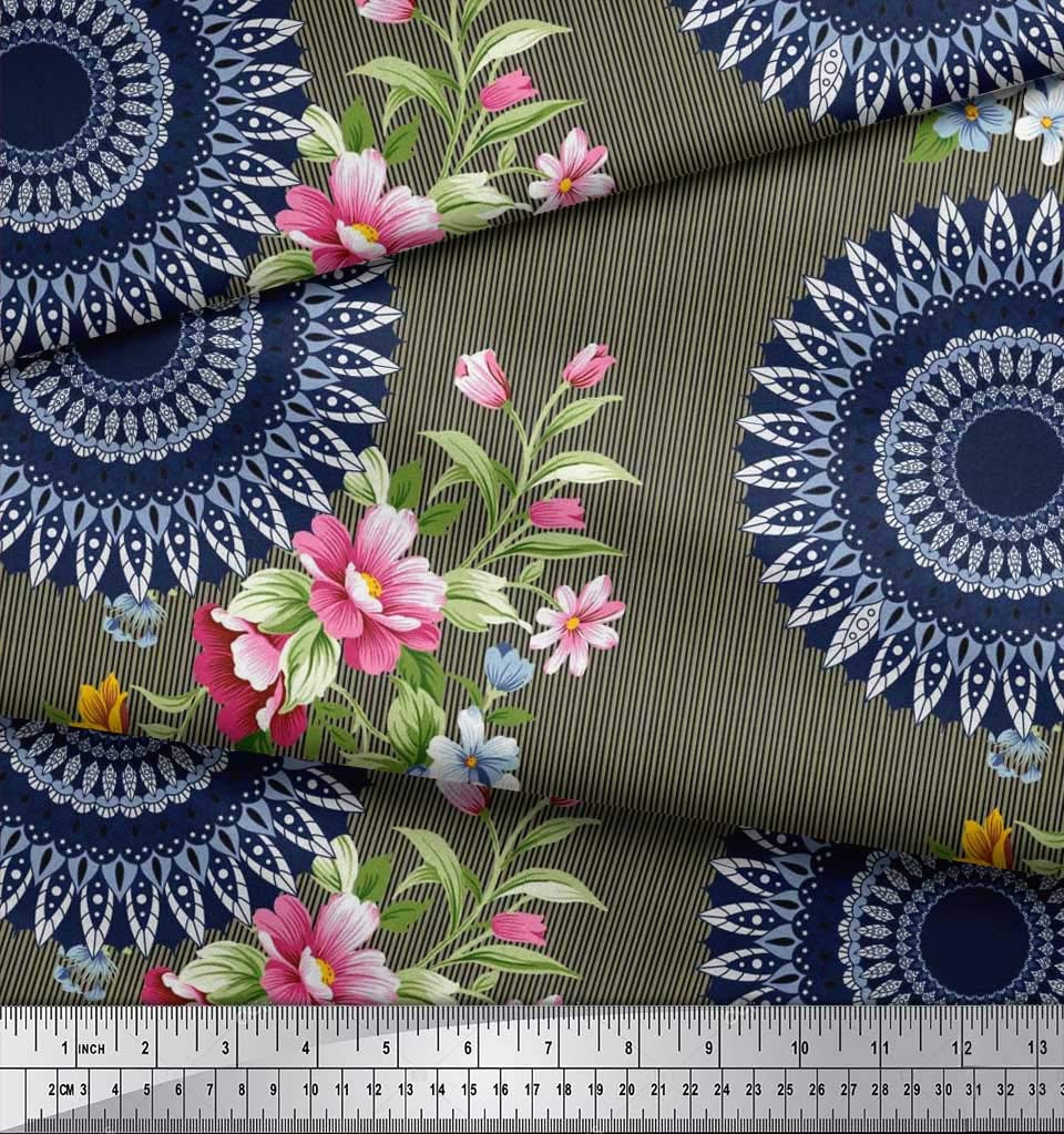 Soimoi Moss Georgette Brown Fabric by The Yard - 42 Inch Wide Printed Fabric with Stripe, Floral & Mandala Patterns - Contemporary Whimsical Design for DIY Sewing, Dresses, Curtains & Home Decor Projects