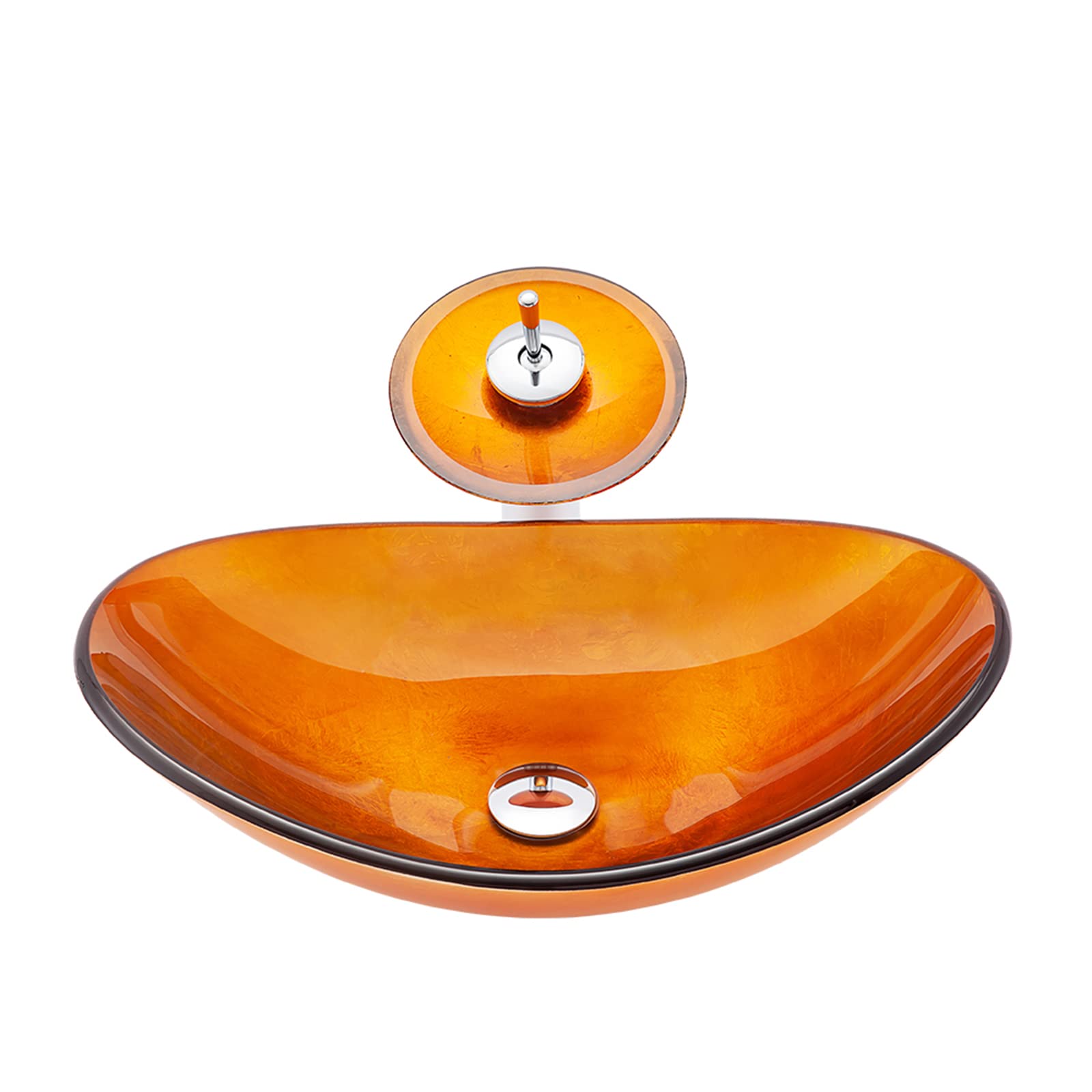 Premium Tempered Glass Oval Vessel Sink with Brass Waterfall Faucet & Chrome Pop-Up Drain - Modern Bathroom Vanity Sink for Countertop Installation | Perfect for Contemporary Home, Hotel, and Spa Bathrooms