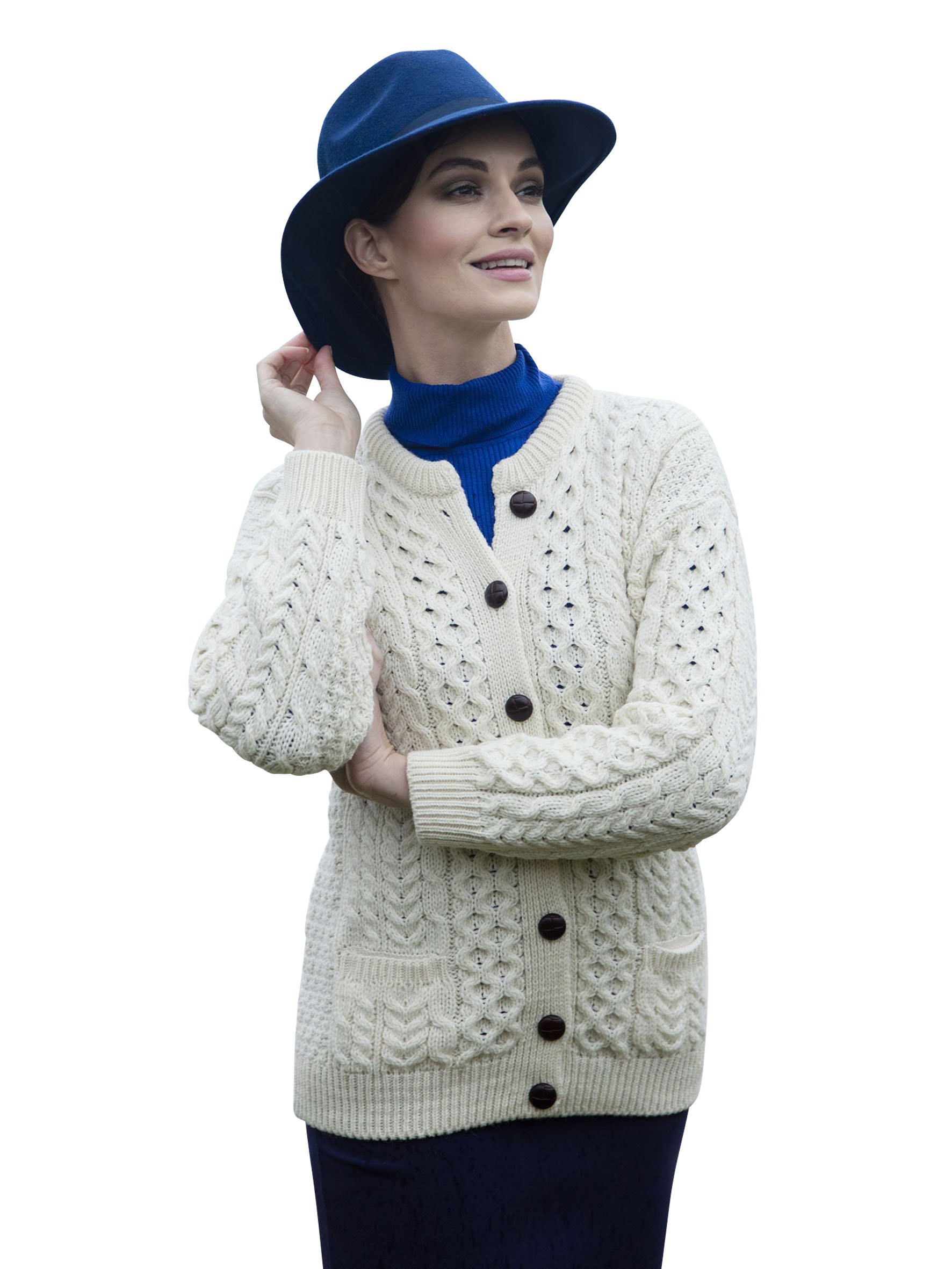 Achill Women's Irish Cable Knit Aran Cardigan - 100% Merino Wool Sweater, Handmade in Ireland - Cozy Winter Wear for Office, Travel & Casual Outfits