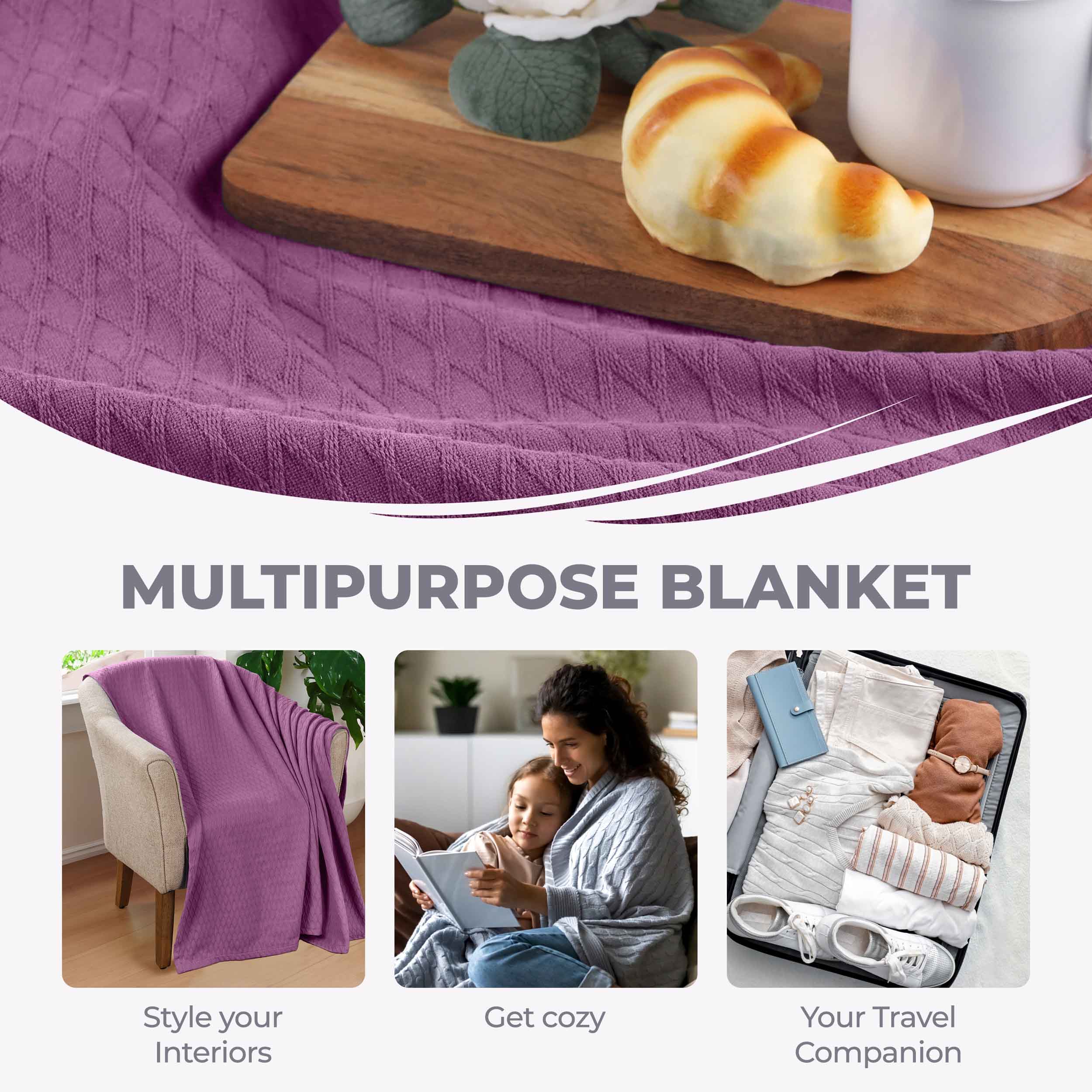 Premium Cotton All-Season Diamond Pattern Bed Blanket & Sofa Throw - Soft Cozy Blanket for Bedroom, Living Room, Travel and Gift Giving