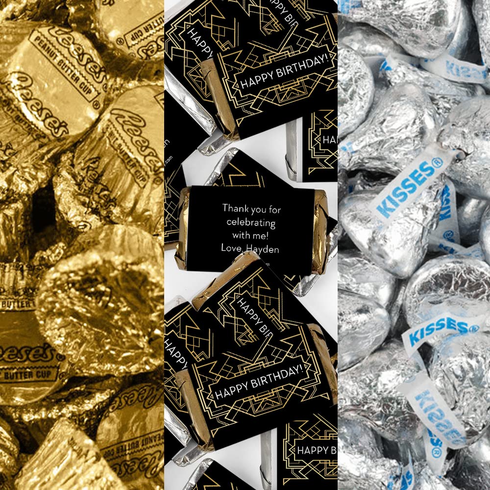 200pcs Personalized Gatsby Birthday Candy Kit - Custom Wrapped Chocolate Party Favors for Guests (Miniatures, Hershey's Kisses, Reese's Peanut Butter Cups) - Perfect for Roaring 20s Themed Parties, Wedding Candy Buffets & Birthday Celebrations