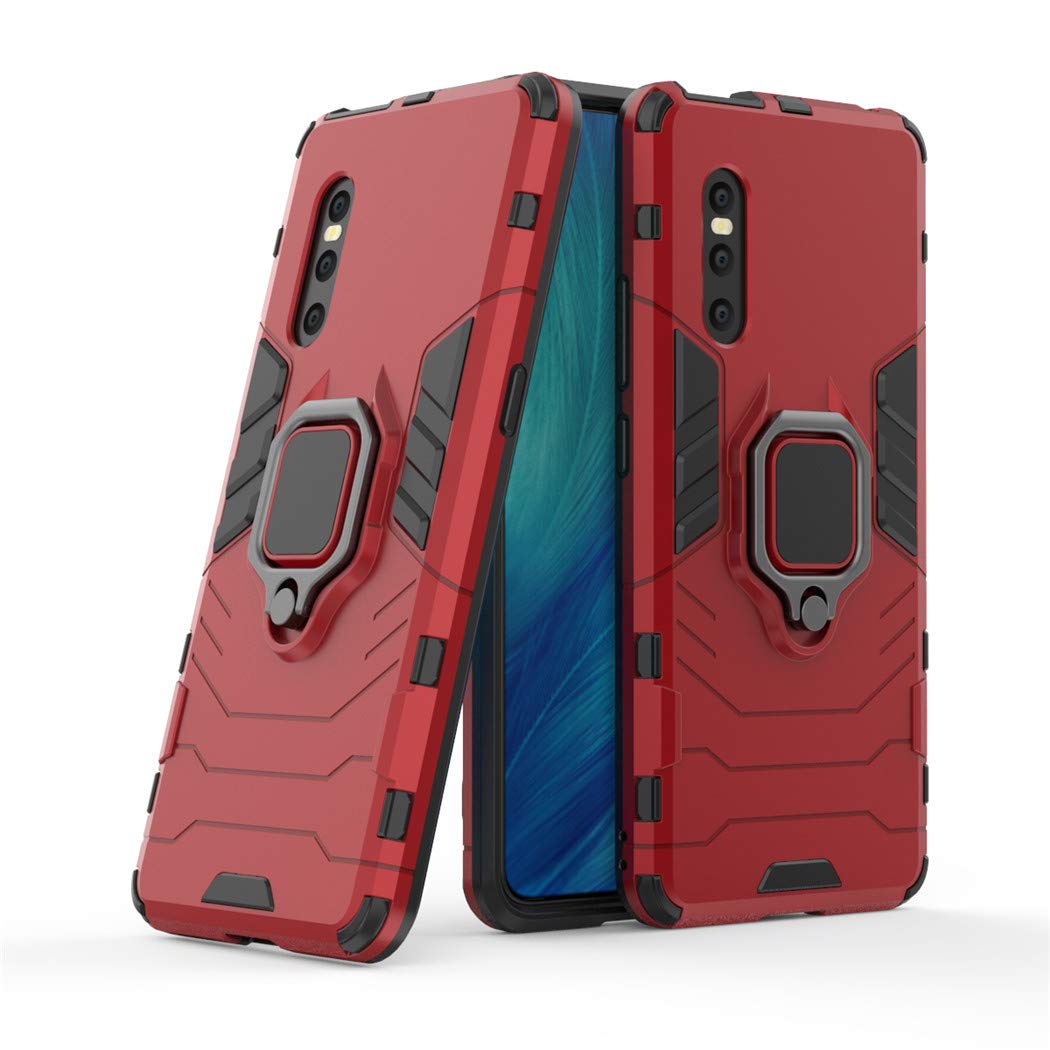 Shockproof Hard Bumper Case for Vivo X27 with Metal Ring Grip & Kickstand - Magnetic Car Mount Compatible, Dual Layer Rugged Protective Cover (Red) - Perfect for Outdoor Activities, Travel, and Daily Use