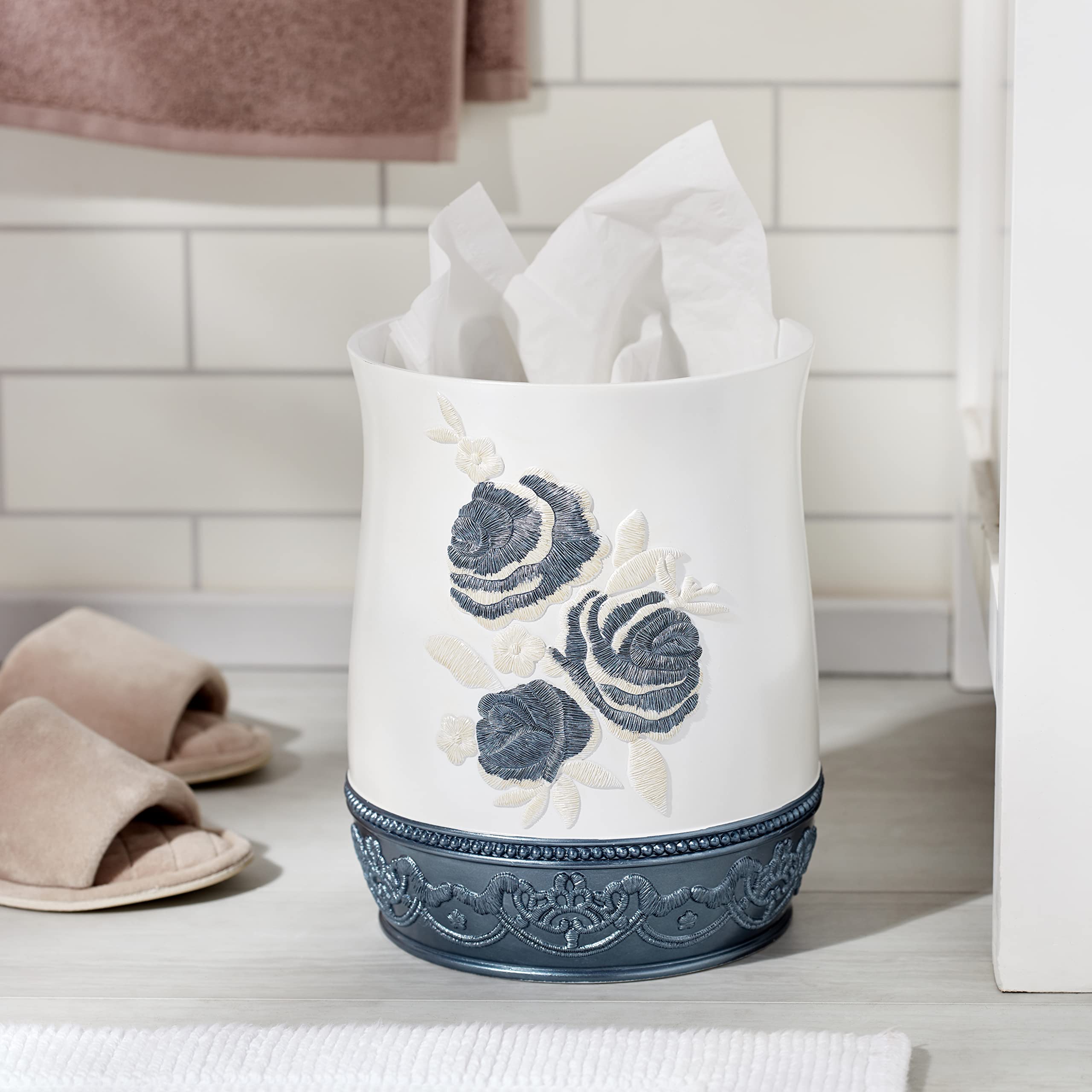 Popular Bath 971224 Blossom Rose Waste Basket - Blue Bathroom Trash Can for Home, Office & Hotel Use