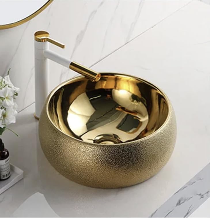 InArt Glossy Gold Bathroom Sink - Modern Countertop Wash Basin for Vanity, Powder Room & Guest Bath | Elegant & Durable Ceramic Vessel Sink for Home Decor