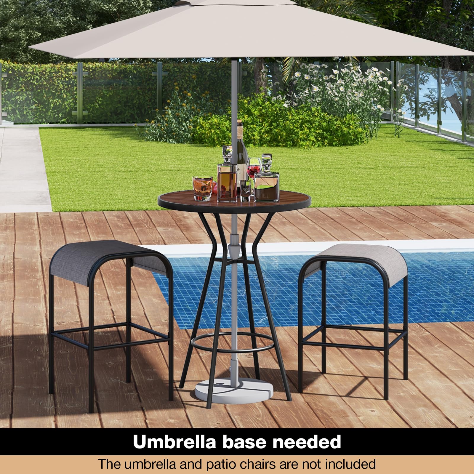 Tangkula 28 Inch Outdoor Bar Table - Round Wood-Like Patio Bistro Table with Umbrella Hole & Footrest - Perfect for Backyard, Garden, Deck & Outdoor Dining