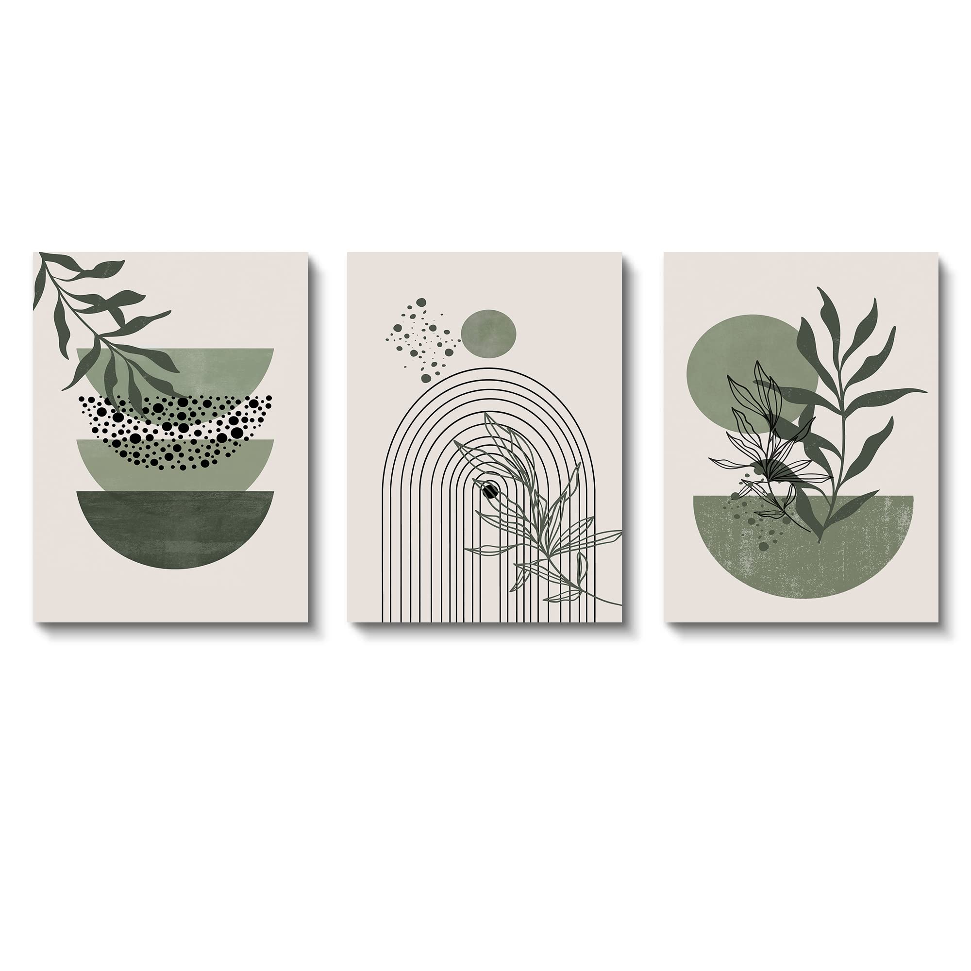 Sage Green Wall Posters & Prints - Set of 3 Boho Minimalist Framed Wall Art with Geometric Line, Leaf, Sun & Moon Designs on Beige Green Canvas Paintings | Perfect for Living Room, Bedroom & Office Decor