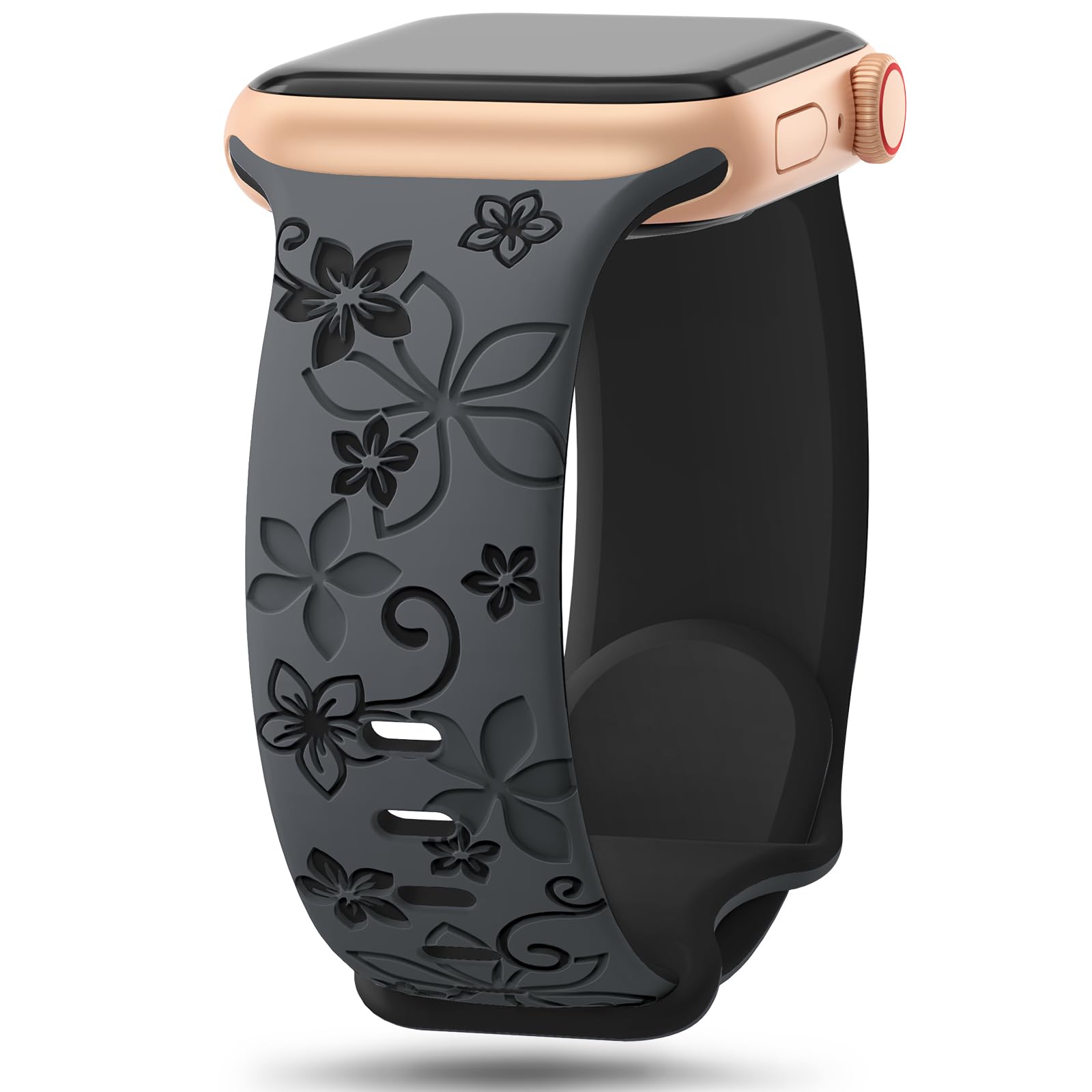 Floral Engraved Apple Watch Bands 38mm 40mm 41mm 42mm 44mm 45mm 46mm 49mm - Soft Silicone Sport Strap Compatible with iWatch Series 10/9/8/7/6/5/4/3/2/1/SE/Ultra - Women's Fashion Flower Design Accessory for Workout, Running & Everyday Wear
