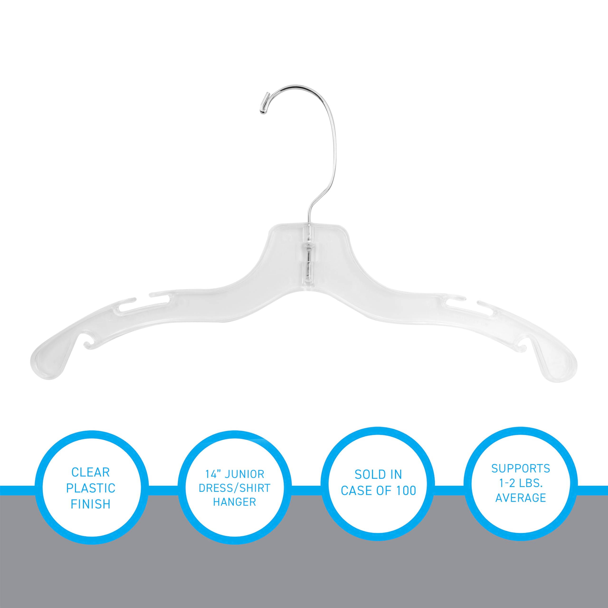 SSWBasics 14 Inch Clear Plastic Junior Dress Hangers - Pack of 100 | Durable Kids Clothes Hangers for Wardrobe Organization | Slim Space-Saving Hangers for Closet & Retail Display | Perfect for Children's Clothing Stores & Home Use
