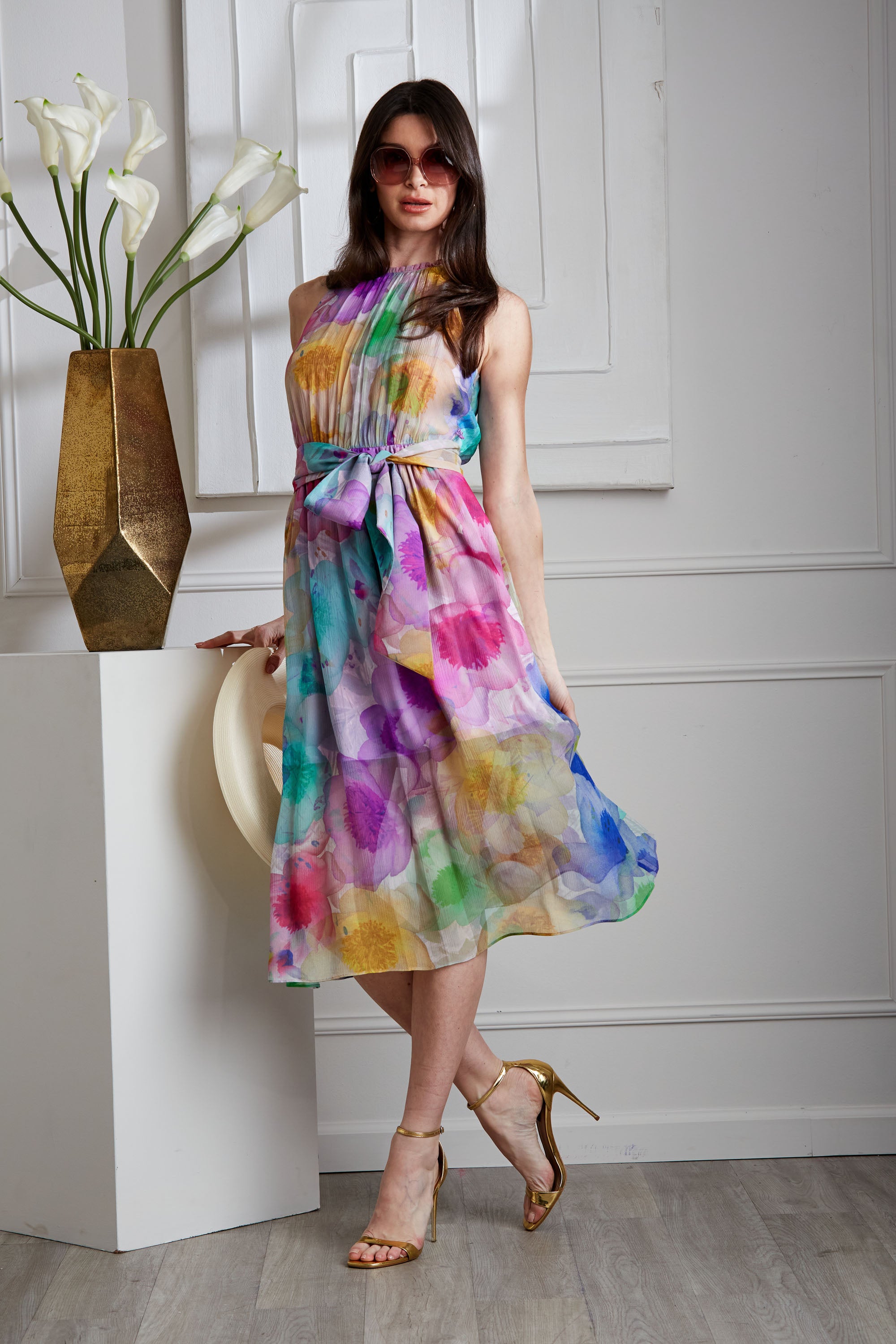 Floral Print Silk Chiffon Halter Dress for Women - Elegant Summer Party & Wedding Guest Outfit