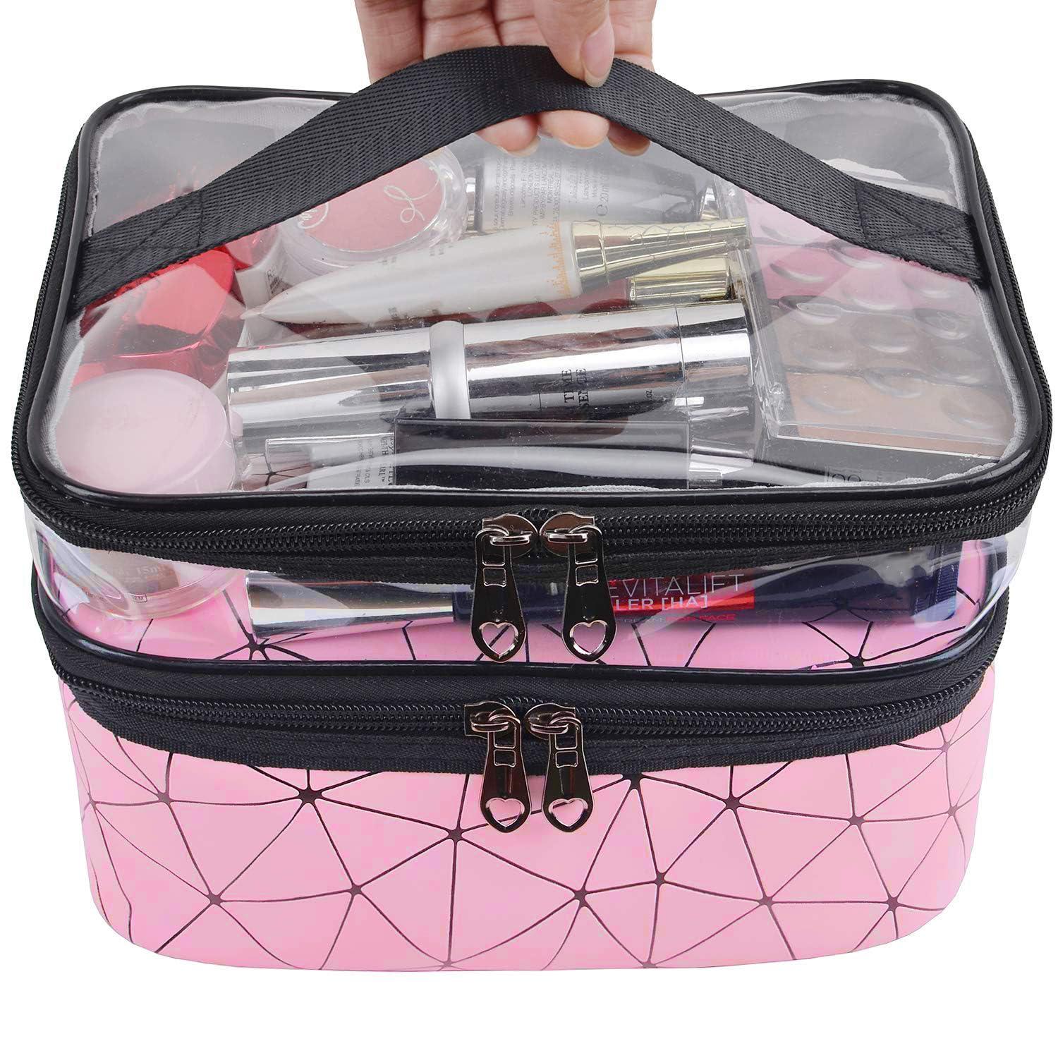 INOVERA Faux Leather Double Layer Travel Makeup Bag - Pink Diamond Cosmetic Organizer (22.5 x 16.5 x 15 cm) for Toiletries & Beauty Essentials | Perfect for Vacation, Gym & Daily Use