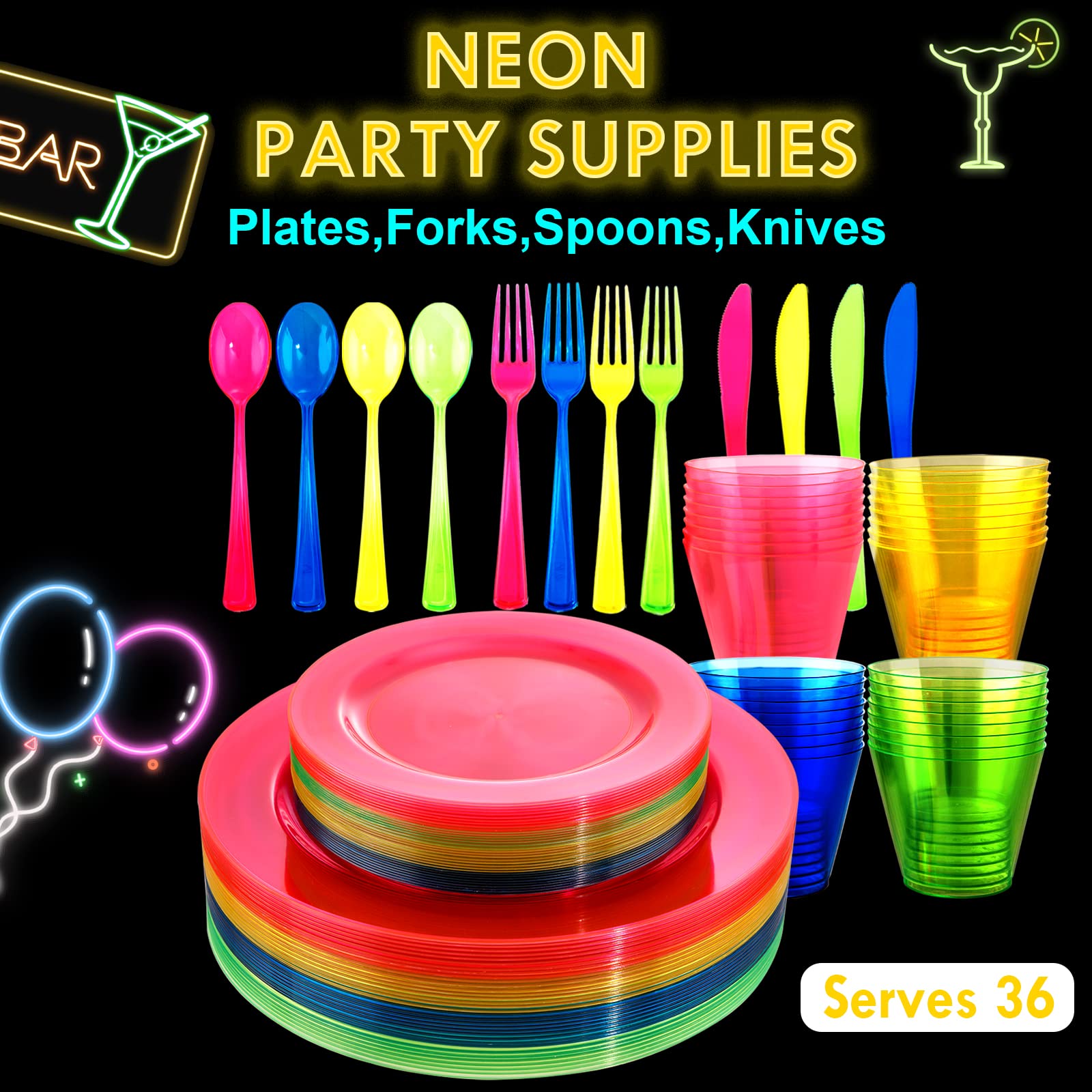 Supernal 216-Piece Neon Party Supplies Set - Disposable Hard Plastic Plates, Cups, Cutlery (Forks, Knives, Spoons) in Vibrant Neon Pink, Blue, Green & Yellow - Perfect for Birthday Parties, Halloween Celebrations, Rave Events & Glow-in-the-Dark Themed Gatherings