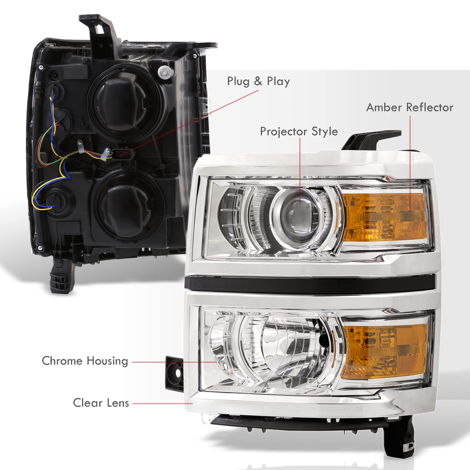 Chrome Housing Amber Reflector Signal Projector Headlights Assembly Pair Set LH+RH Compatible with Chevy Silverado 1500 Pickup 2014-2015 - Upgrade Your Truck Lighting for Night Driving & Off-Road Adventures