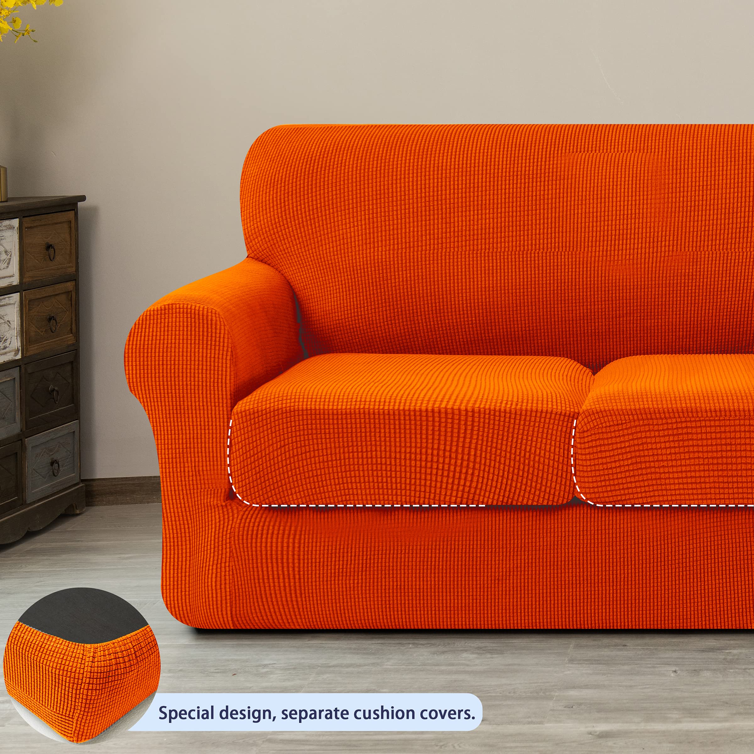 SUBRTEX Stretchable Sofa Slipcover with Separate Cushion Covers - 2 Seater & 3 Seater Couch Protector for Pets & Kids - Medium & Large Size in Orange - Perfect for Living Room Furniture Protection & Home Decor