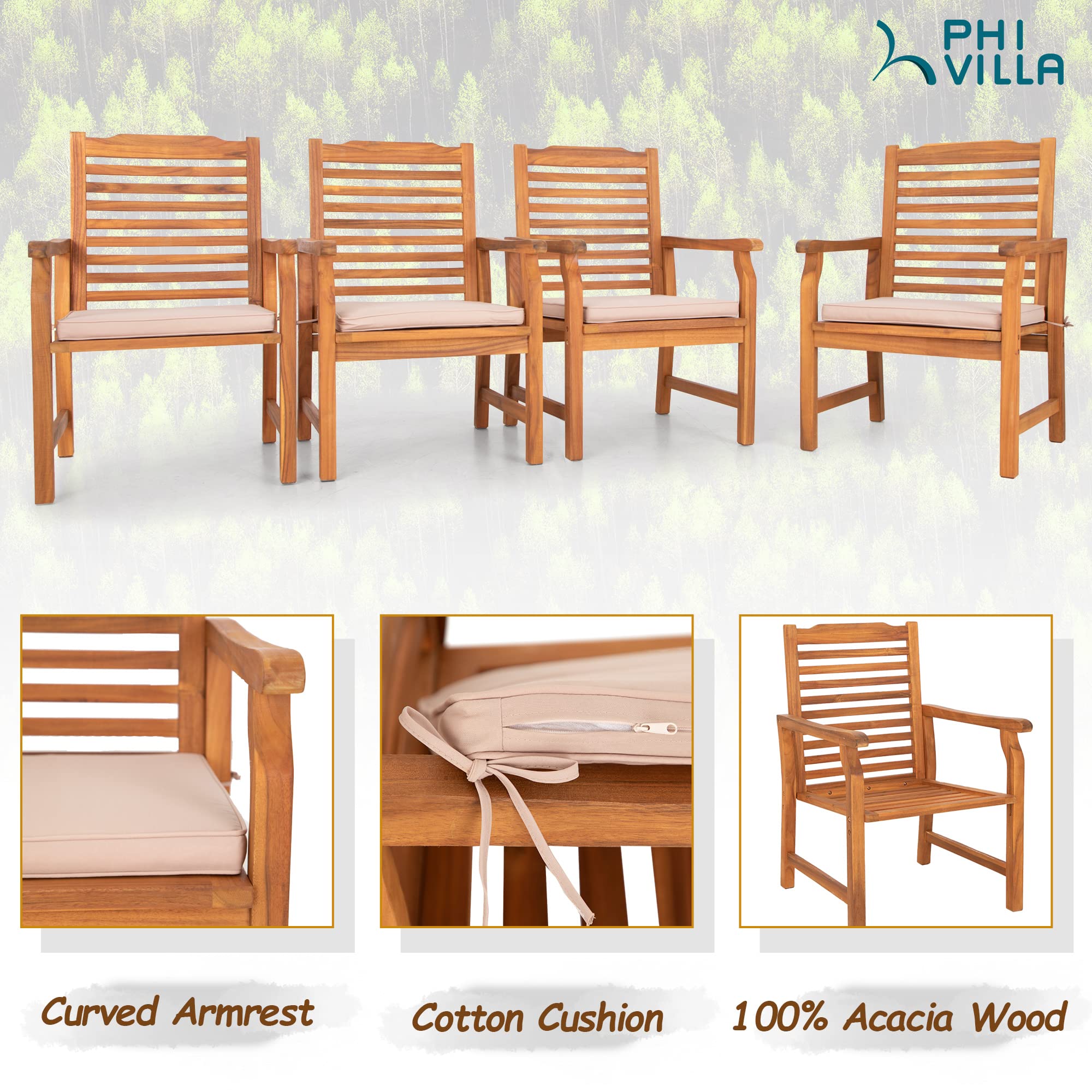 PHI VILLA 2-Piece Acacia Wood Outdoor Dining Chairs with Cushions - Patio Armchairs Set, Weather-Resistant Oil-Finished Wooden Chairs for Deck, Yard, Porch, Garden - Perfect for Outdoor Entertaining & Relaxation