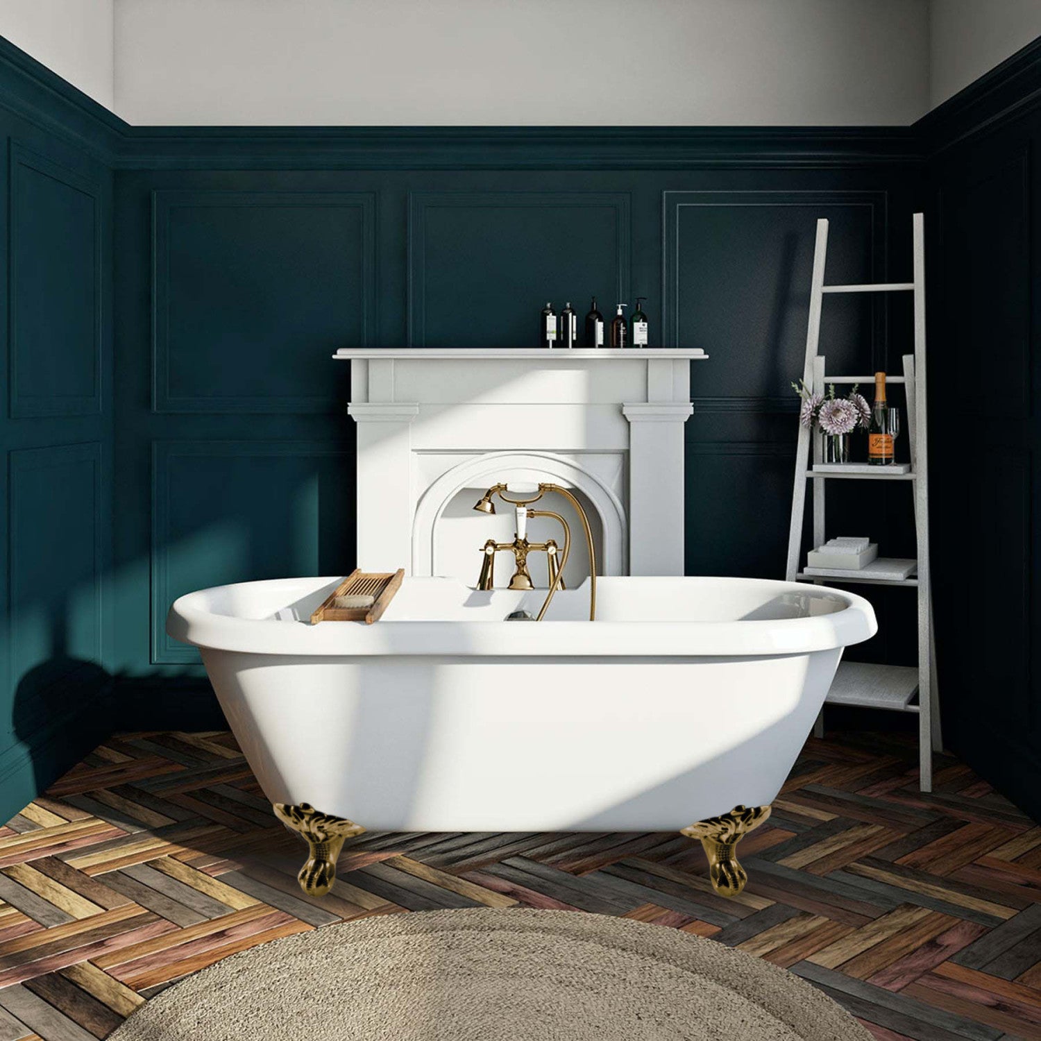 Aqua Eden 67 Inch Acrylic Oval Double Ended Clawfoot Bathtub with 7 Inch Faucet Drillings - Glossy White & Brushed Brass Finish | Vintage Style Freestanding Tub for Luxury Bathroom & Spa Retreat