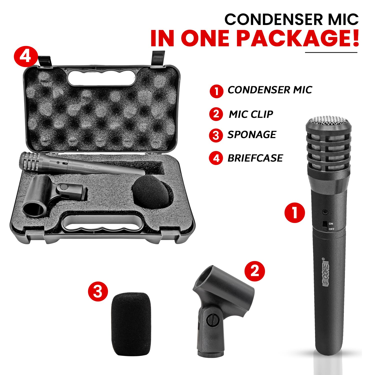 5 Core Professional Condenser Microphone - Cardioid Unidirectional Pencil Mic with Windscreen, Mic Clip & Case - Ideal for Podcasting, Recording, Streaming & Studio Use (Model: INSTRU MIC 100GREY)