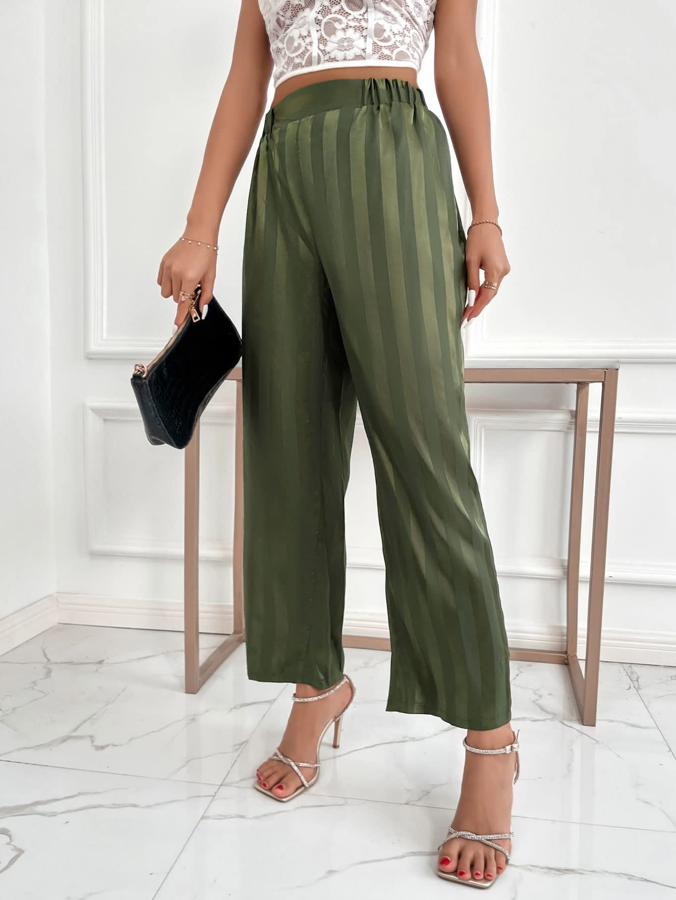 WDIRARA Women's High Waist Wide Leg Pants - Elastic Waistband, Striped Satin Lounge Pants for Casual Wear, Work, Travel & Home Comfort