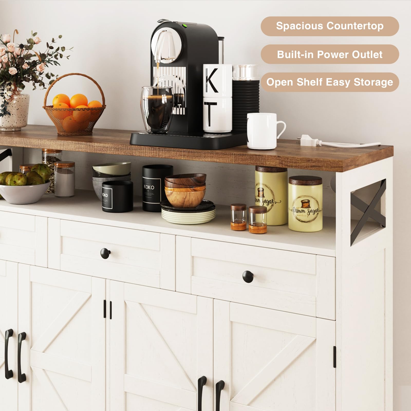 Farmhouse Buffet Cabinet with Drawers & Open Shelf - 52