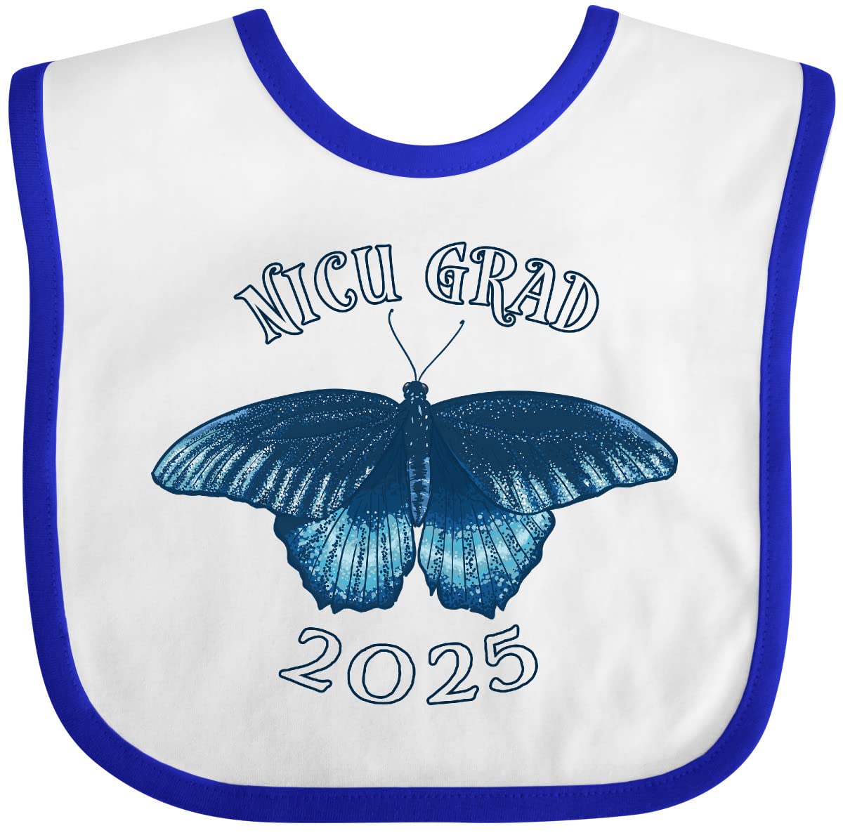 Inktastic NICU Grad 2025 Baby Bib with Blue Butterfly Design - Soft Cotton Feeding Bib for Newborns & Preemies - Perfect Gift for NICU Graduates & Baby Showers
