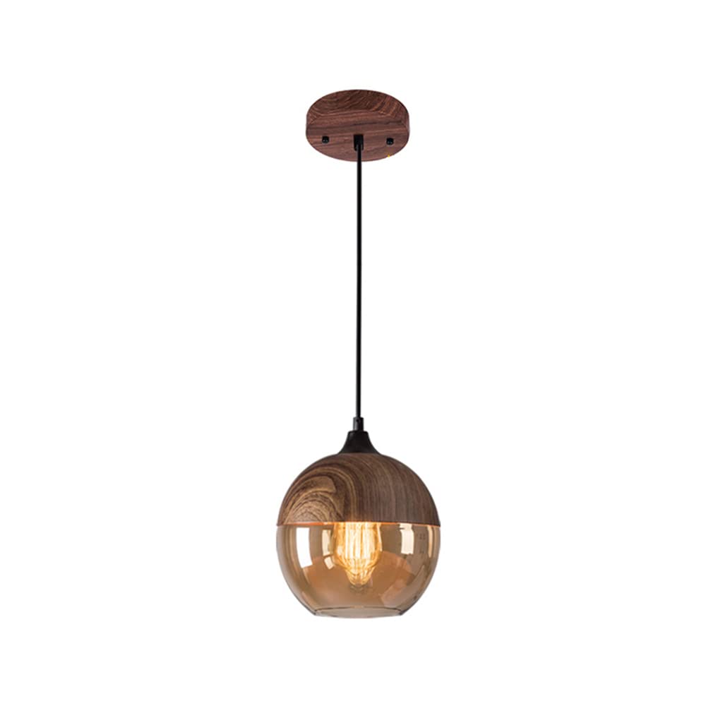 LITFAD Nordic Style 1-Light Wooden Pendant Lamp with Geometric Glass Shade - Walnut Finish Hanging Light for Cafe, Bar & Home Decor (110-120V) - Perfect for Dining Room, Kitchen Island and Living Room Lighting