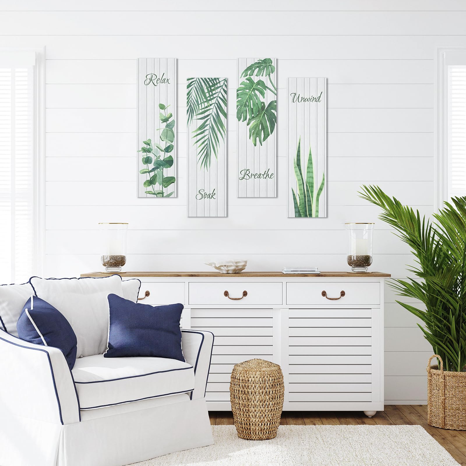 Rustic Farmhouse Bathroom Wall Art - 4 Pack Wooden Signs for Relaxing Soak & Decor