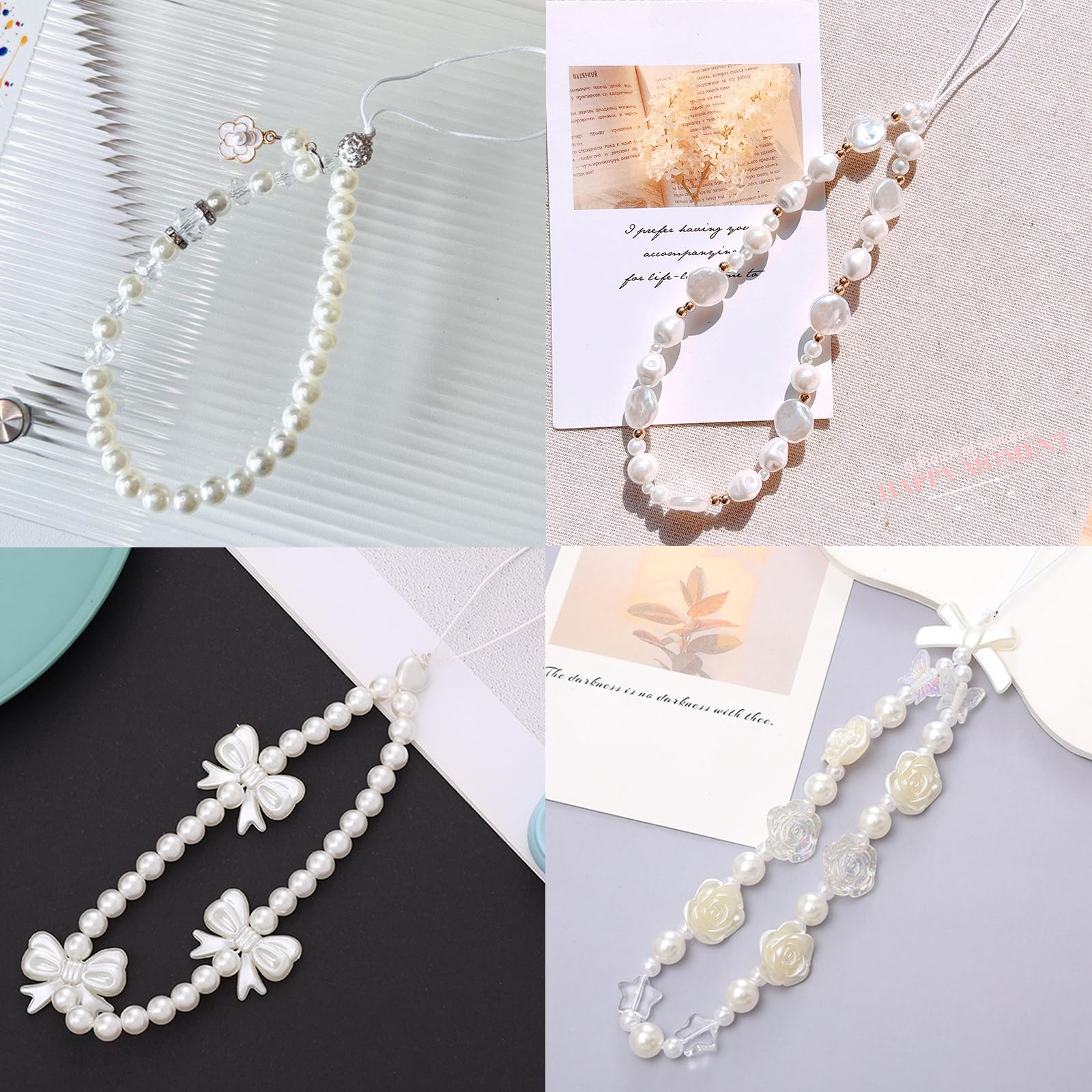 DKDDSSS 4-Pack White Pearl Phone Strap - Stylish Beaded Phone Chain Jewelry for Women & Girls, Durable Plastic Phone Accessories for Everyday Use, Party, and Gift Giving