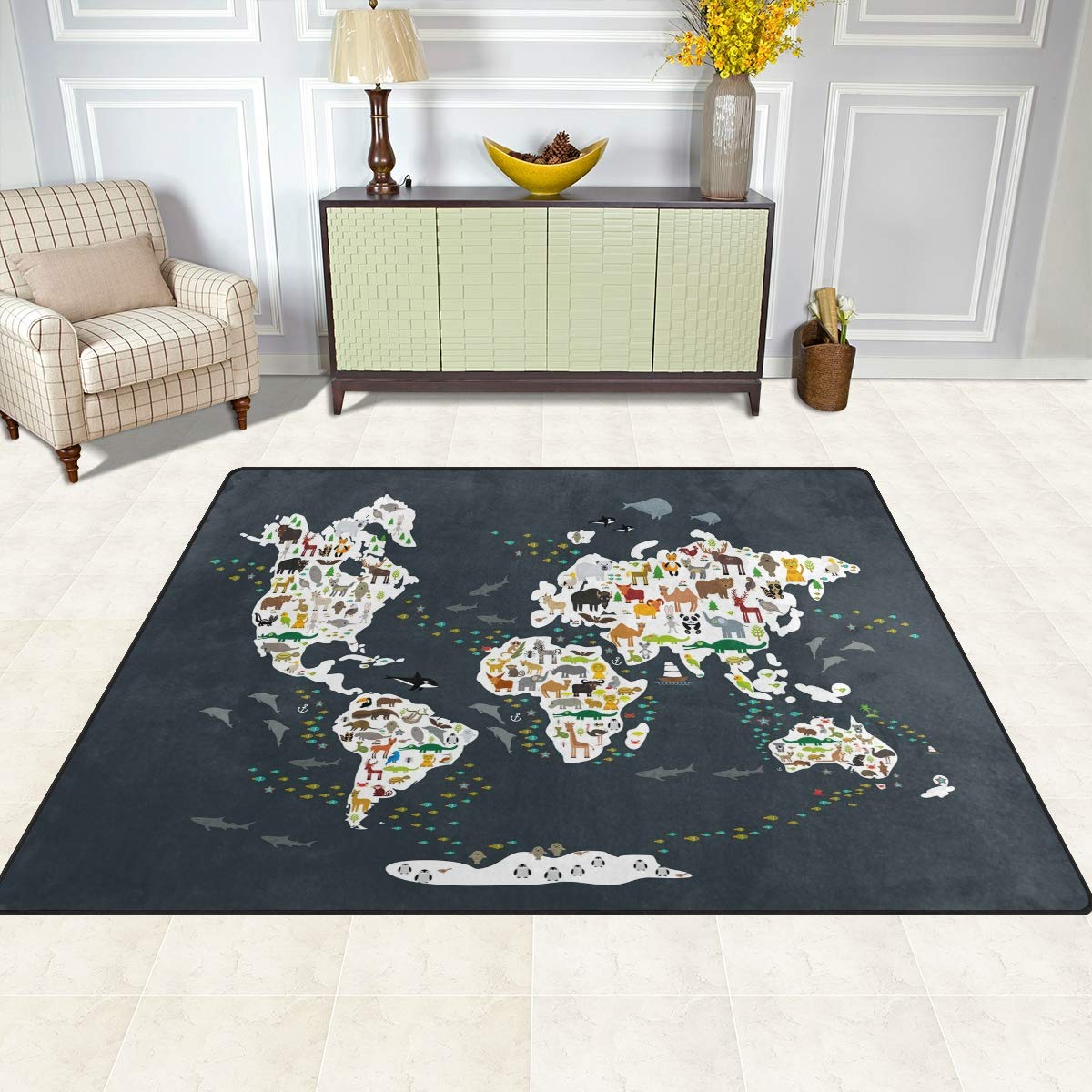 ALAZA Kids Cartoon Animal World Map Non-Slip Area Rug - Soft Play Mat for Nursery, Bedroom & Living Room Floor Decor - Perfect for Playrooms, Daycares and Children's Bedrooms