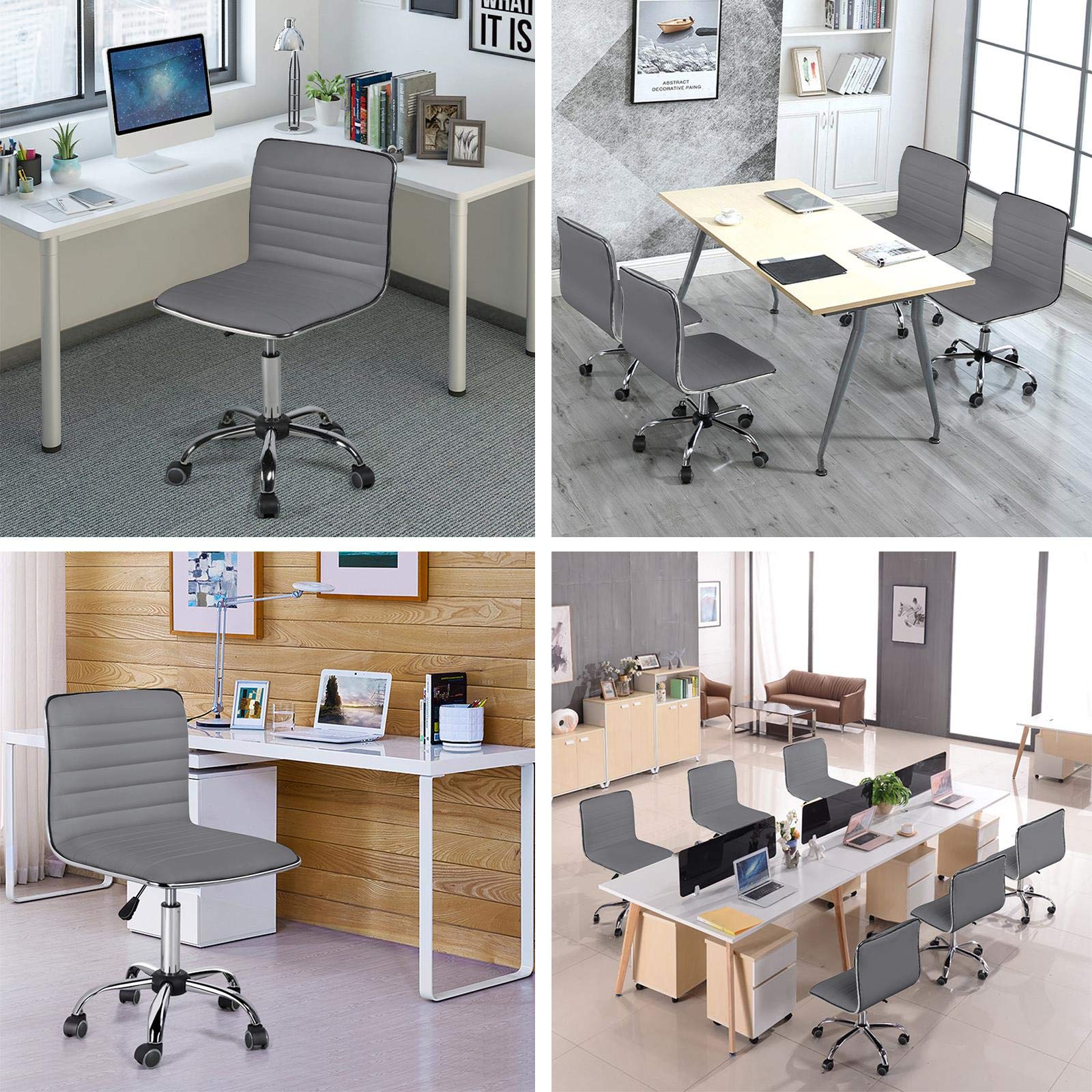 Yaheetech 2-Piece Armless Office Chair Set - Modern Adjustable Low-Back Swivel Task Chair with Rolling Wheels, Gray Leather - Perfect for Home Office, Makeup Vanity & Small Workspaces