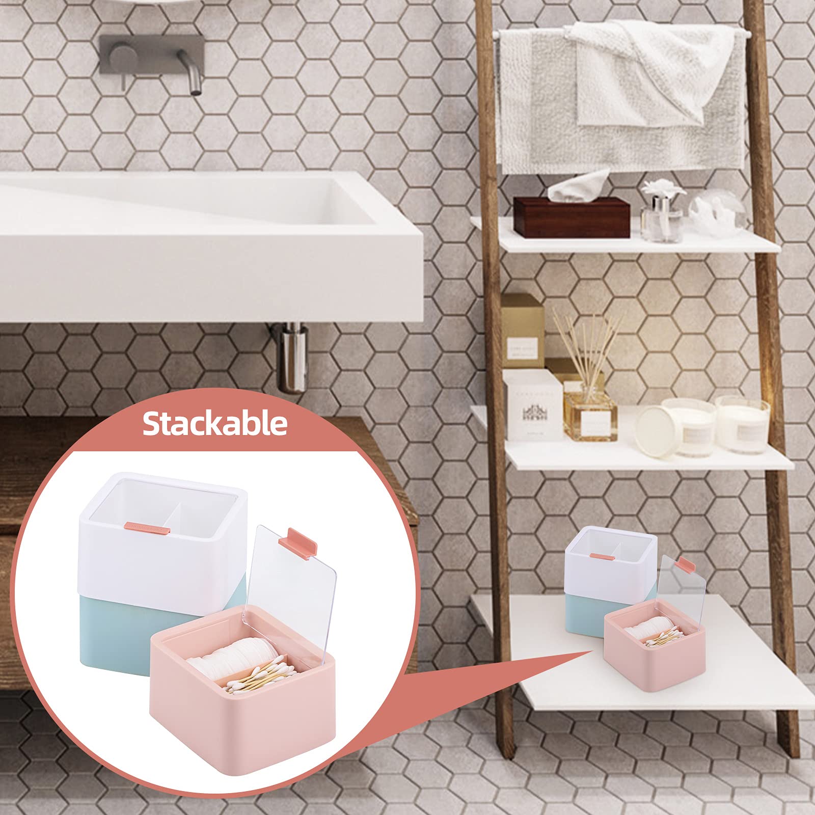 Tecbeauty Q-Tips Storage Organizer - 2 Compartment Cotton Swab Dispenser with Hinged Lid, Bathroom Canister for Cotton Balls & Pads (Pink) | Perfect for Vanity, Makeup Counter & Bathroom Organization