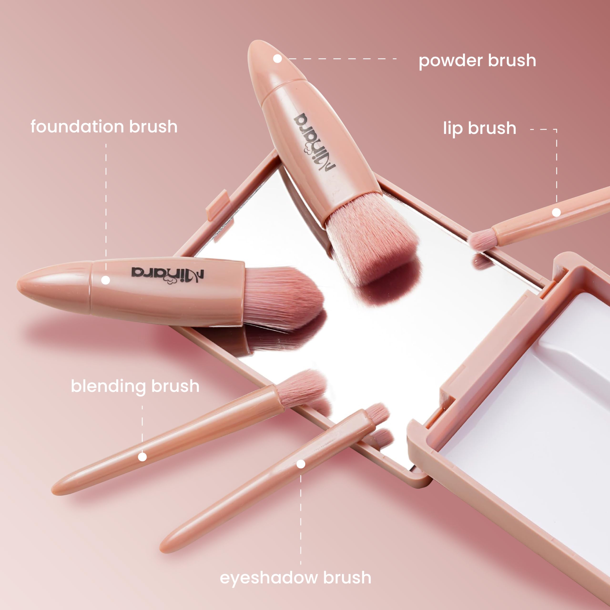 Minara 5-Piece Travel Makeup Brush Set with Mirror & Pouch (Nude) | Portable Cosmetic Brush Kit for Women | Perfect for On-The-Go Touchups & Professional Makeup Application