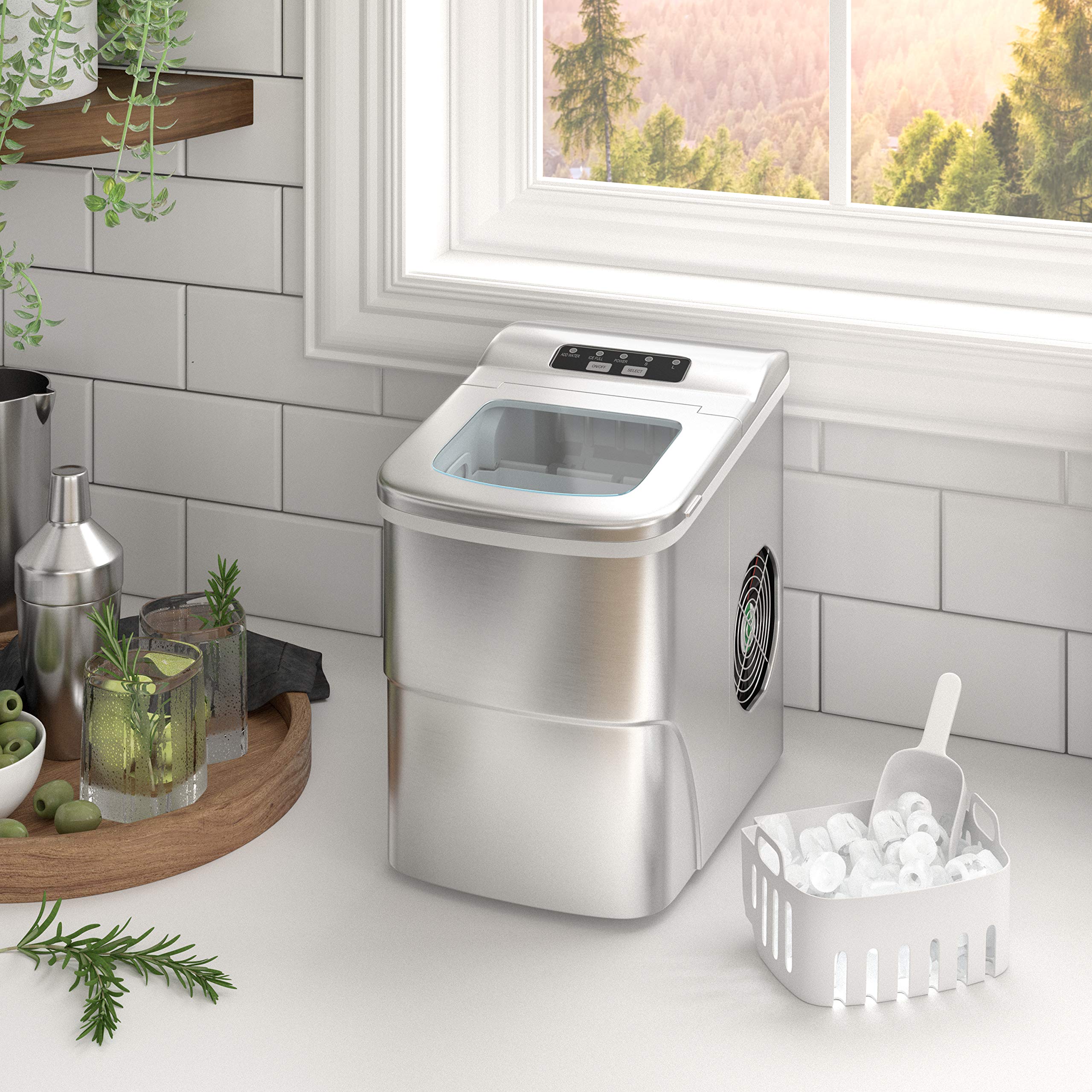 OKADA Portable Countertop Ice Maker Machine - 9 Ice Cubes in 6 Minutes, 26 lbs Daily - Electric Ice Cube Maker with Removable Basket & Scoop (Silver) - Perfect for Home, Office, Parties, and Outdoor Use