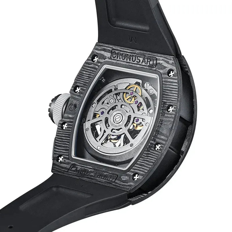 CRONUSART Men's Automatic Chronograph Watch - 50mm Tonneau Mechanical Wristwatch with Carbon Fiber Case, Luminous Hands, and Fluororubber Strap - Perfect for Sports, Outdoor Activities & Casual Wear