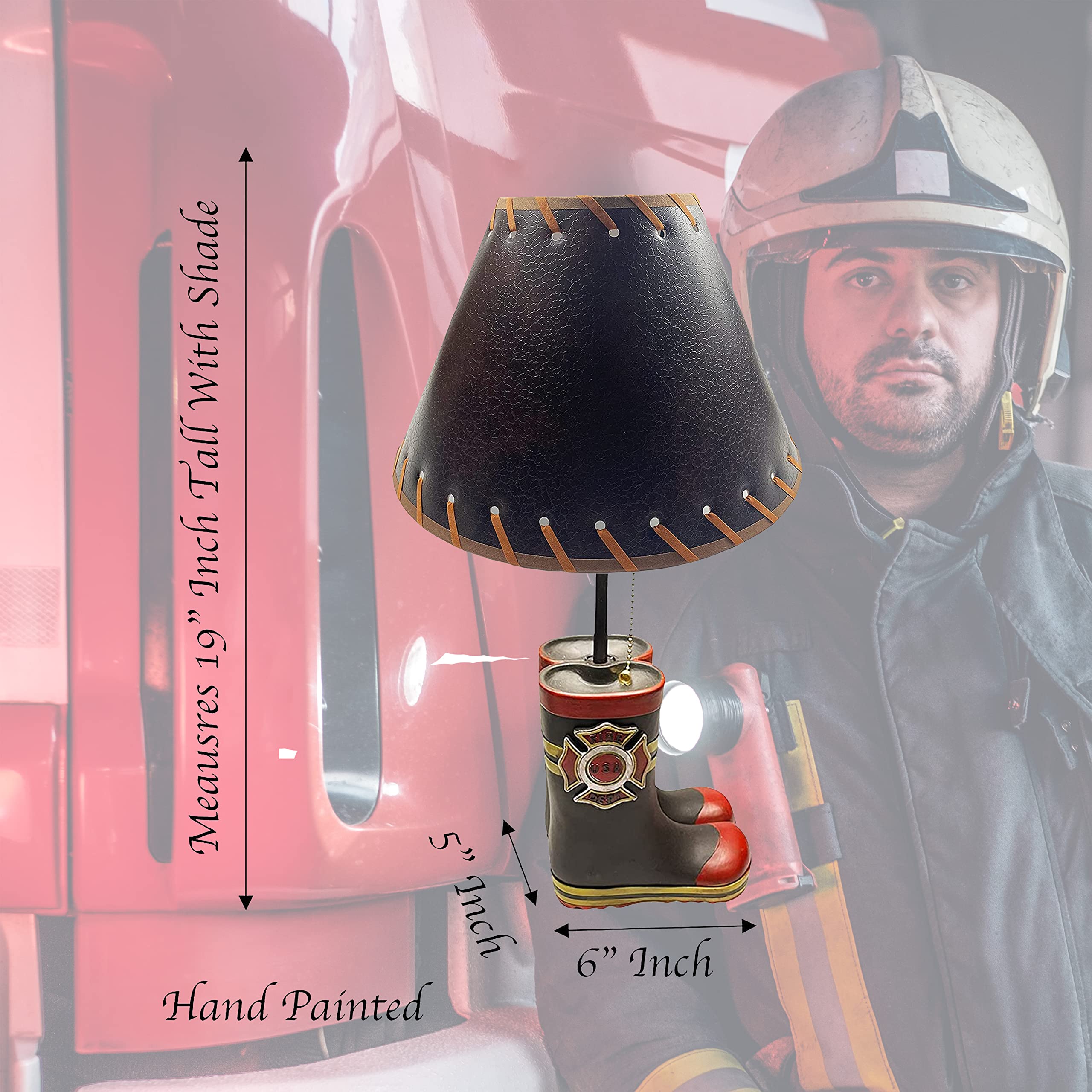 Urbalabs Western Fireman Fire Department Black & Yellow Fire Boot End Table Lamp - Nightstand & Living Room Decor, Bedroom & Office Lighting - Perfect for Cowboy, Firefighter Theme Rooms & Rustic Home Decor