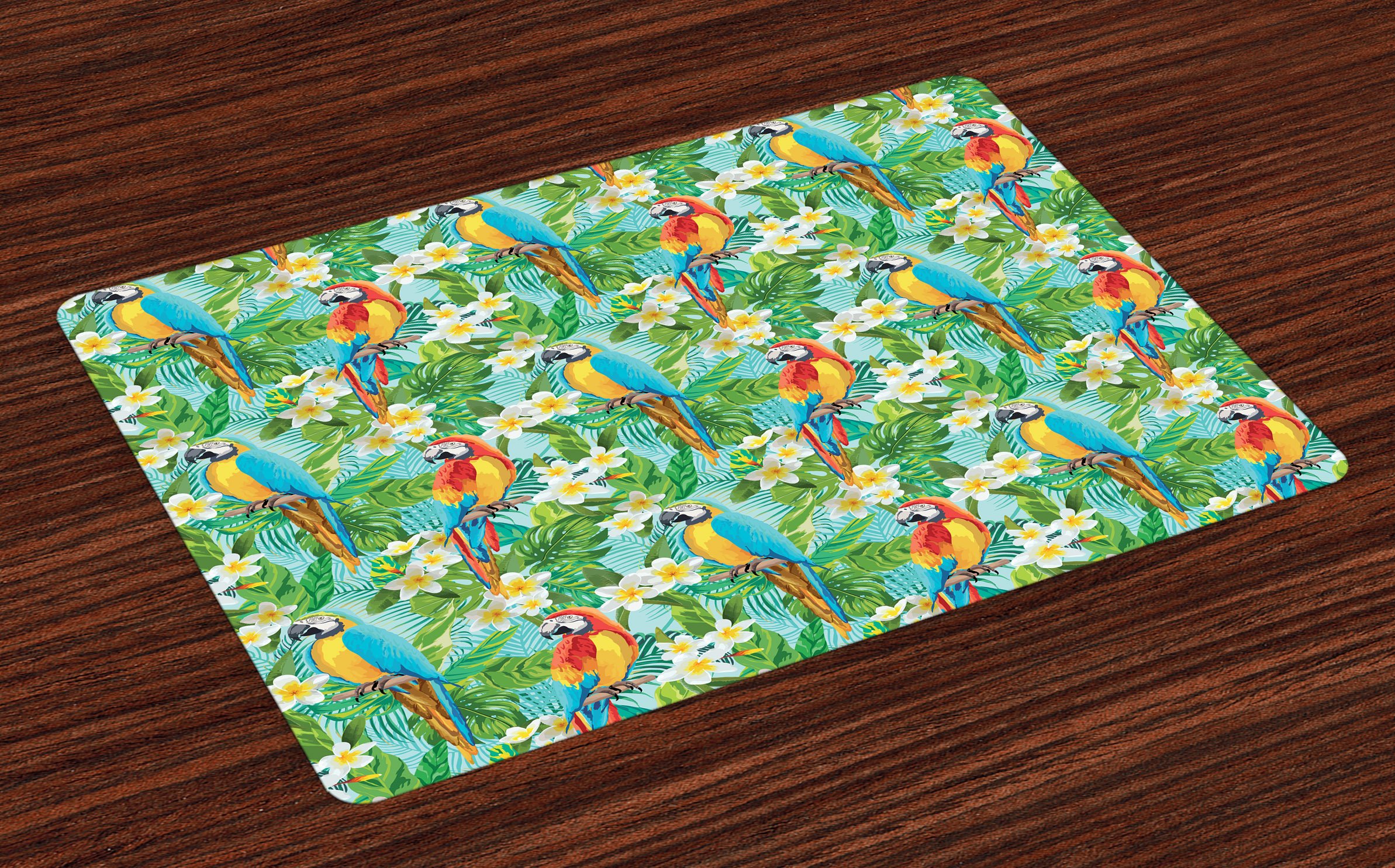 Lunarable Parrots Place Mats Set of 4 - Tropical Themed Hand-Drawn Parrot & Plant Design, Washable Fabric Table Mats for Dining Room & Kitchen Decor (Multicolor) | Perfect for Summer Parties, Outdoor Dining & Tropical-Themed Home Decor