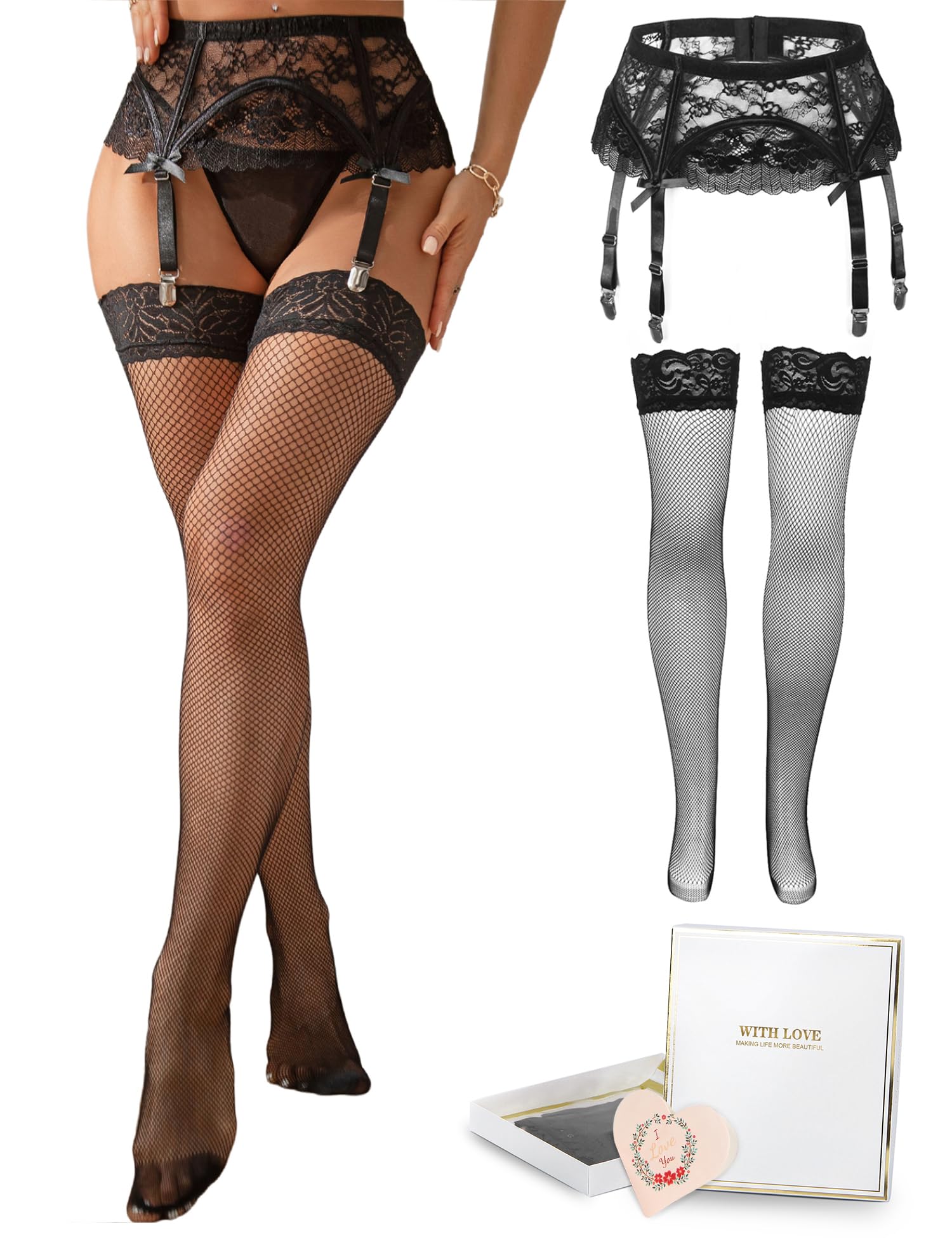 Ohmydear Plus Size Eyelash Lace Stockings & Garter Belt Set - 4 Adjustable Straps, Thigh High Stockings, Sexy Lingerie for Women UK 8-22 - Perfect for Valentine's Day, Bridal Shower & Romantic Nights