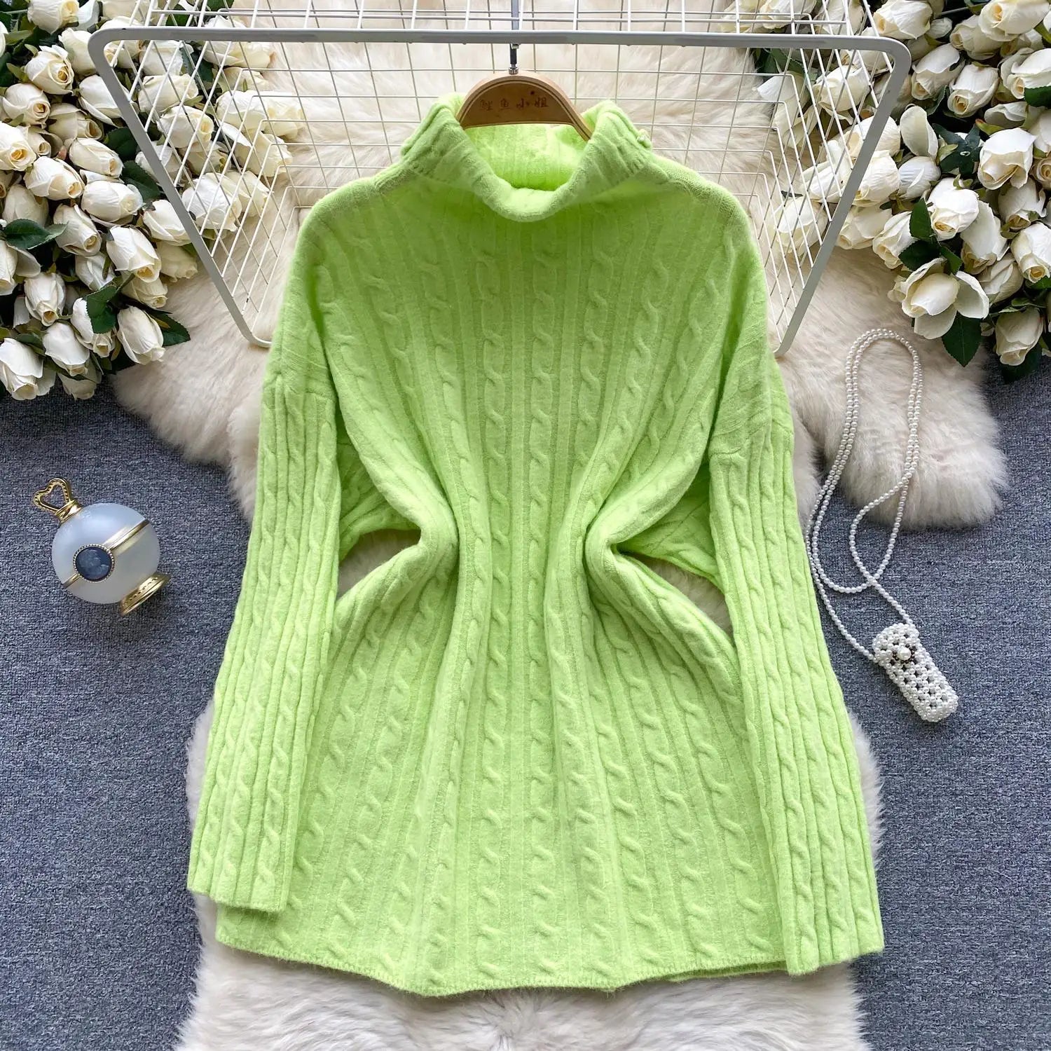 Women's Elegant High Neck Knit Sweater - Warm Winter Pullover with Long Sleeves, Loose Fit Crochet Top for Casual & Office Wear | Cozy Autumn Winter Fashion