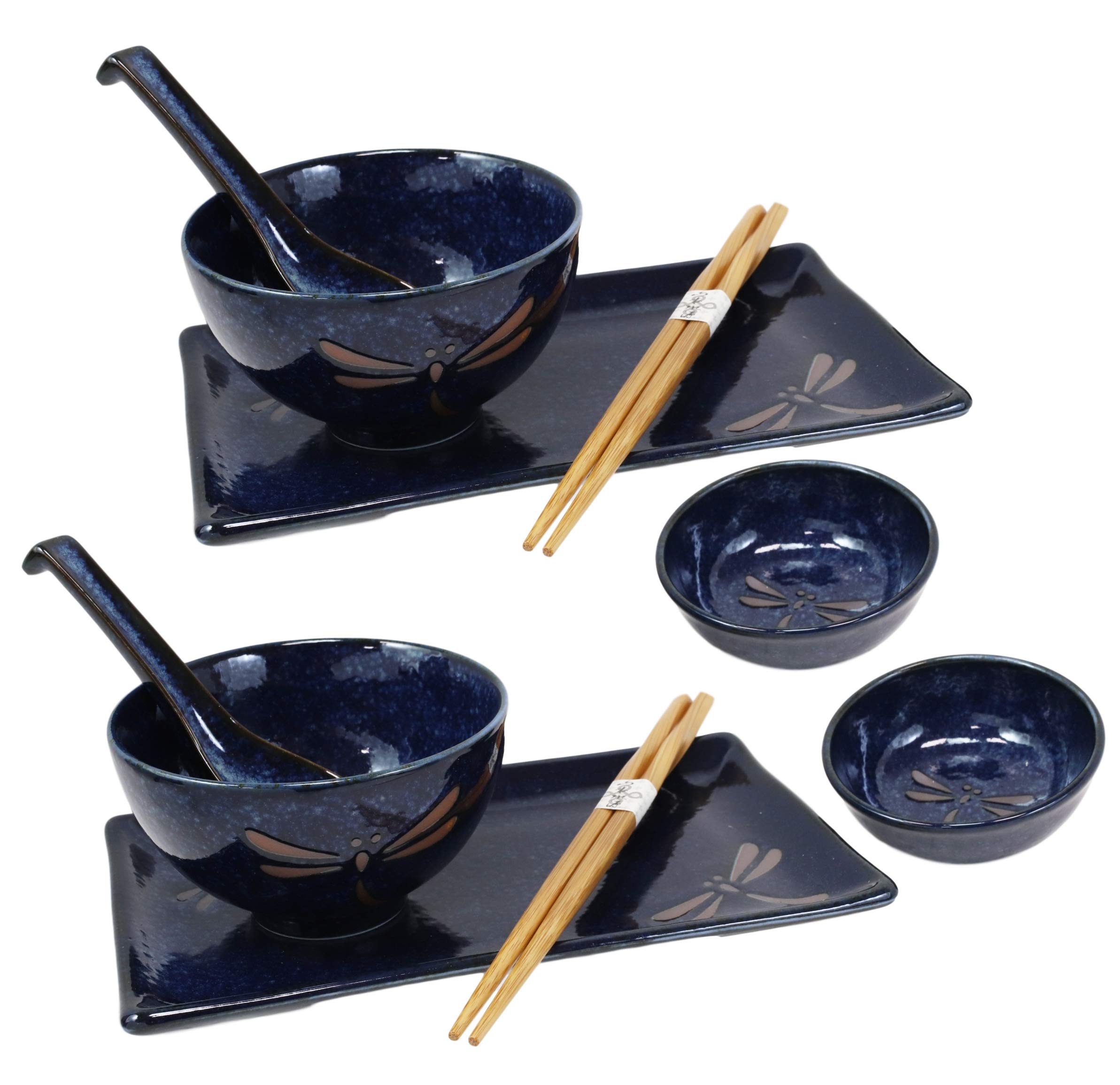 Ebros Gift Japanese Mino Ware Tombo Dragonfly Blue Porcelain 10-Piece Sushi Dinnerware Set for 2 - Includes Sushi Plates, Soup Bowls, Sauce Bowls, Bamboo Chopsticks & Asian Soup Spoons | Authentic Japanese Dining Experience, Perfect for Sushi Nights, Asian-Themed Dinners & Housewarming Gifts