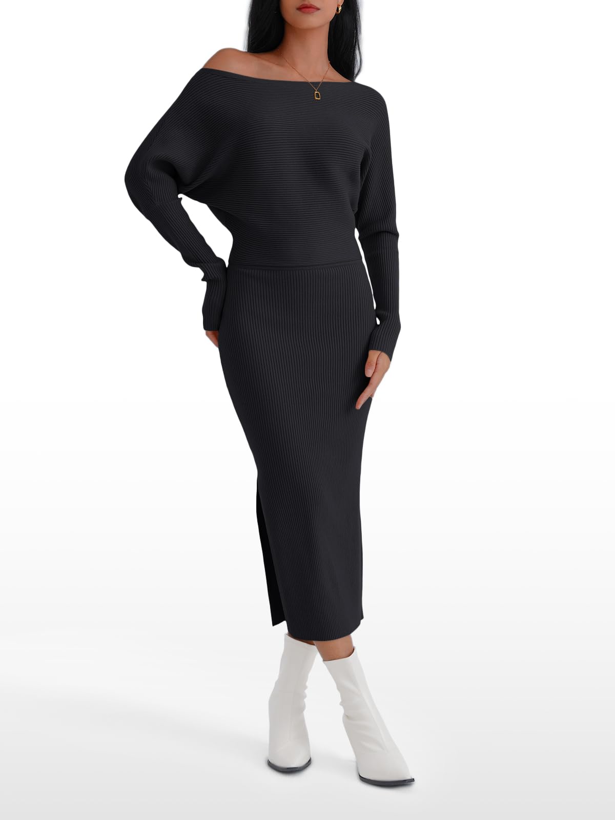 LILLUSORY Women's Off Shoulder Sweater Dress - Long Sleeve Midi Knit Dress for Fall & Winter, Plus Size Fashion Outfits for Party, Date Night & Holiday Gatherings